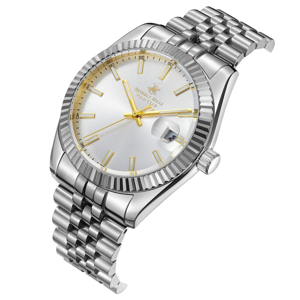 Silver watch with matching three-link bracelet, fluted bezel, white dial with gold accents, and date window