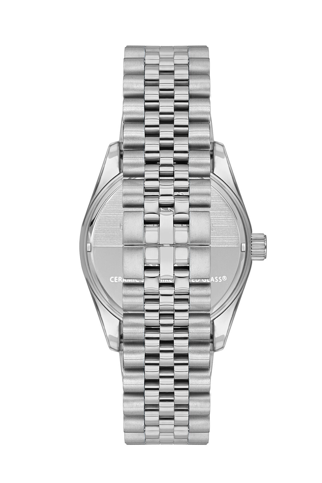 Side profile view of silver watch with matching bracelet and fluted case bezel