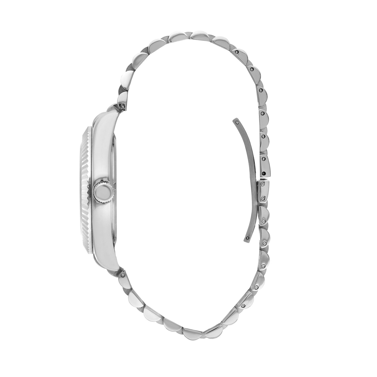 Silver stainless steel watch bracelet and case shown from side profile view