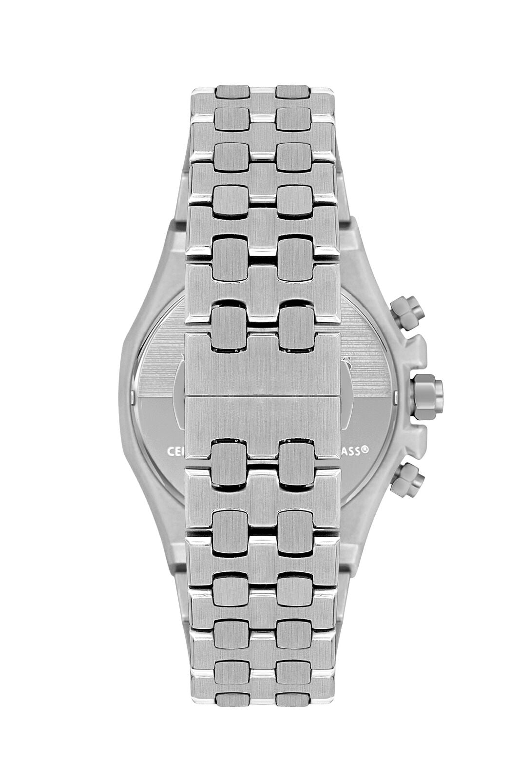 Caseback view of Beverly Hills Polo Club silver chronograph watch with metal bracelet