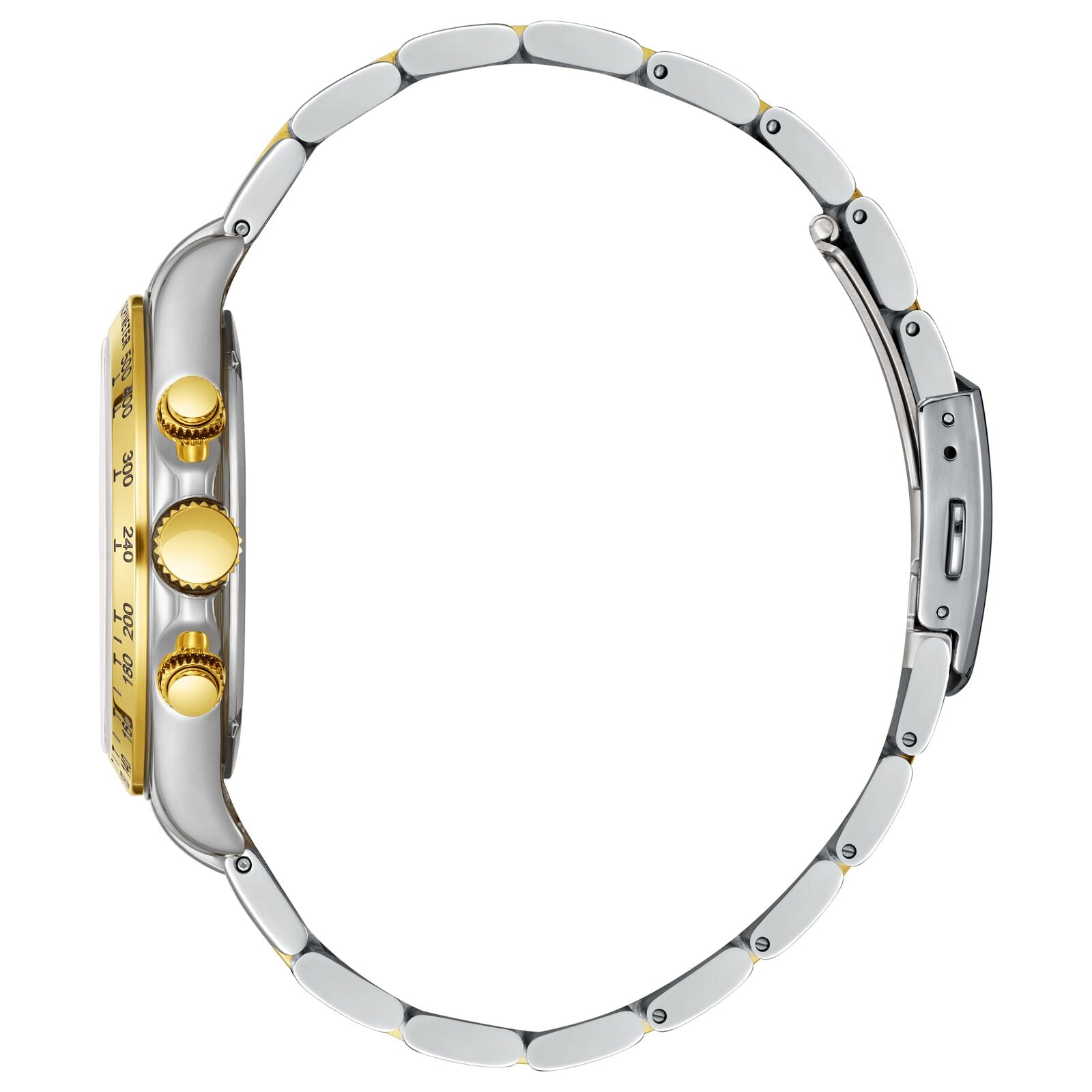 Side view of two-tone chronograph showing gold and steel case with pushers