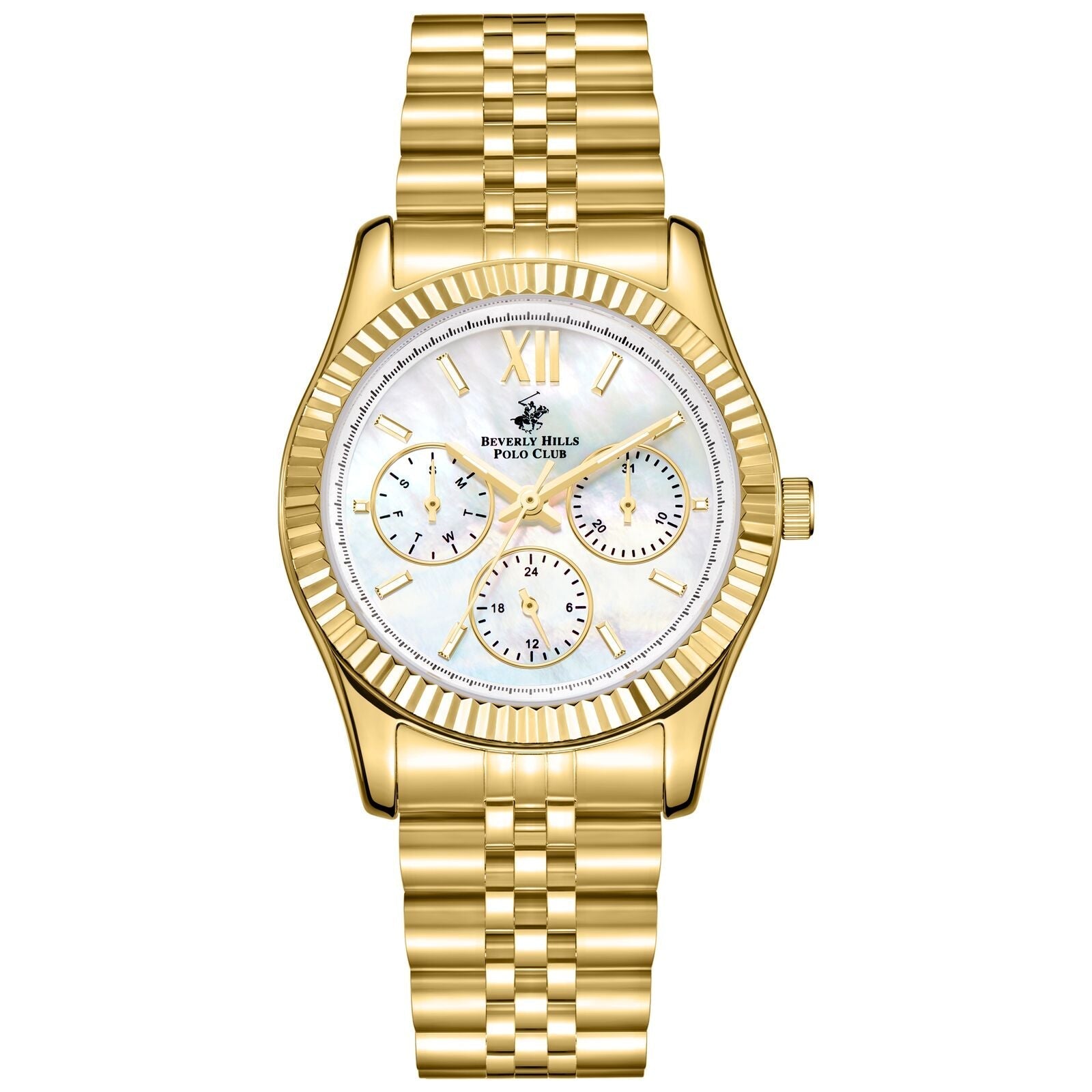 Beverly Hills Polo Club gold multifunction watch with mother of pearl dial and three subdials