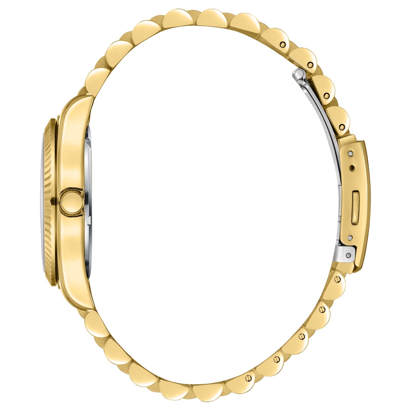 Side view of gold watch showing fluted bezel, case profile, and segmented bracelet