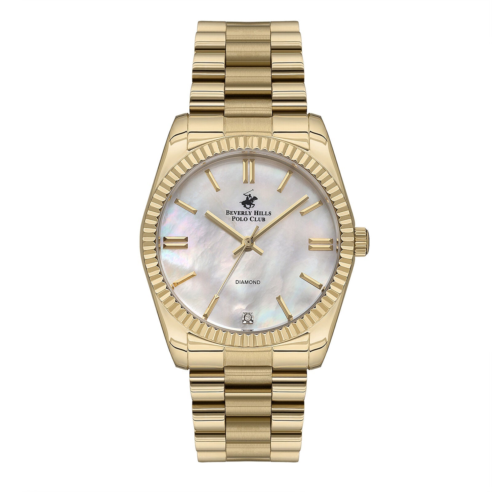 Beverly Hills Polo Club all-gold watch with mother-of-pearl dial and diamond markers