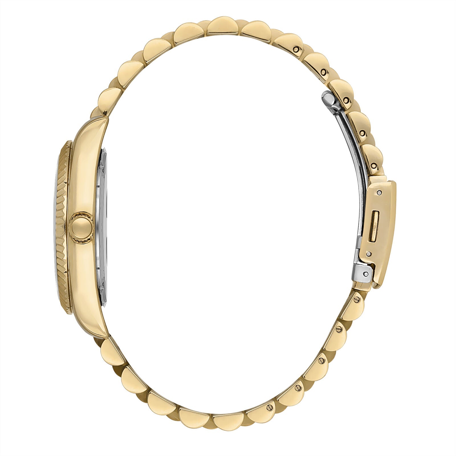 Gold bracelet and case profile of Beverly Hills Polo Club watch