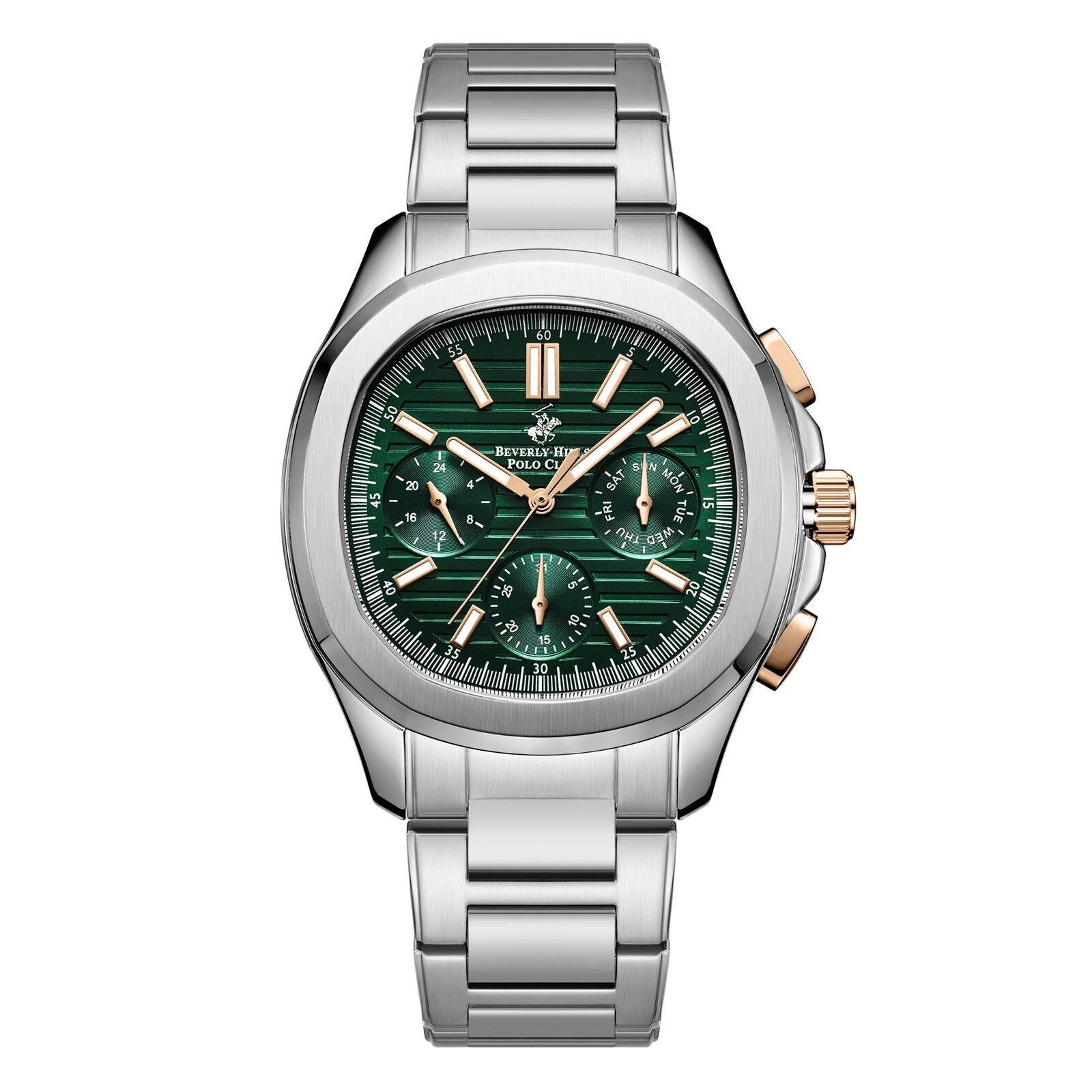 Beverly Hills Polo Club multifunction watch with green dial and silver stainless steel bracelet