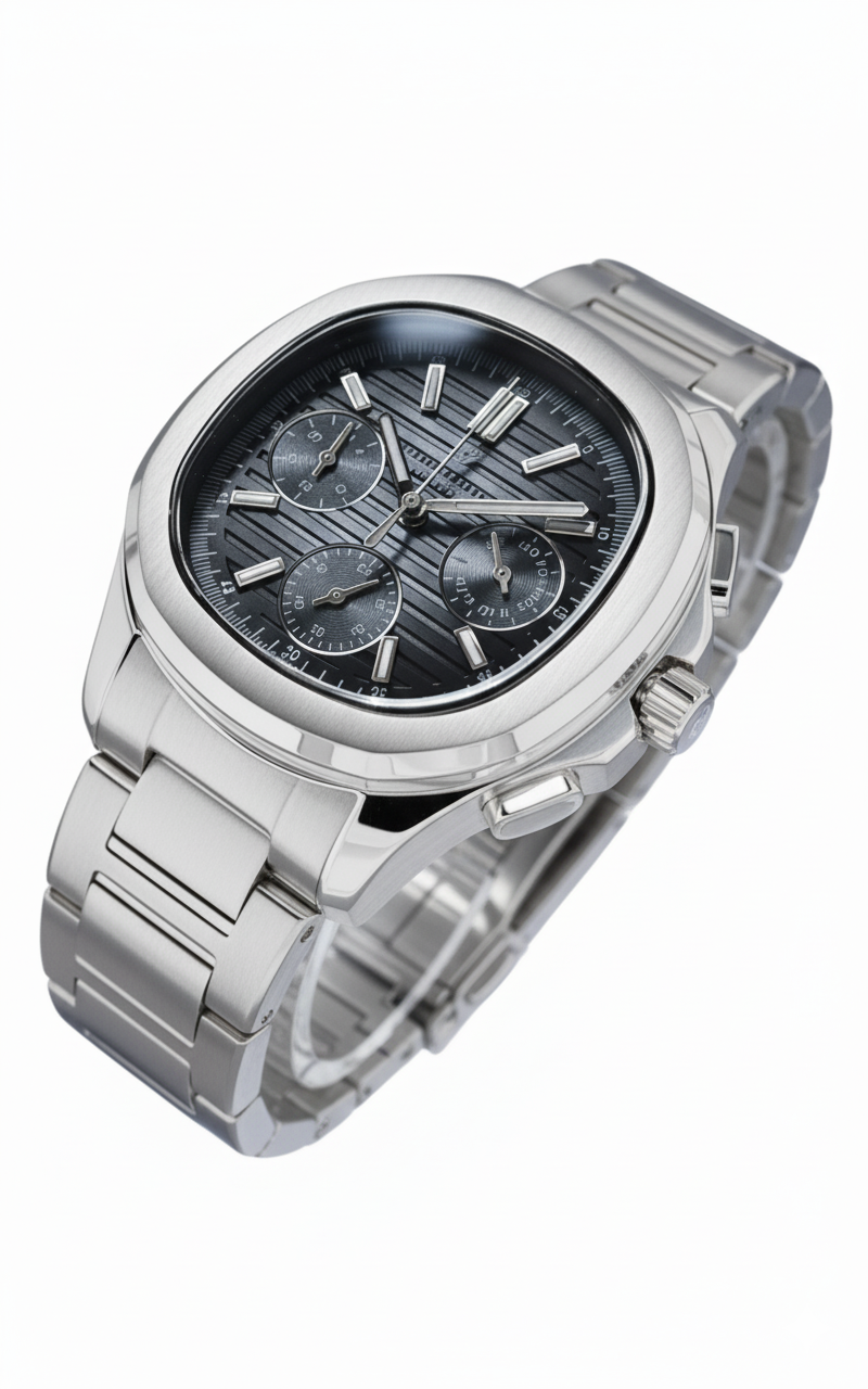 Beverly Hills Polo Club multifunction watch angled view showing silver case and black dial