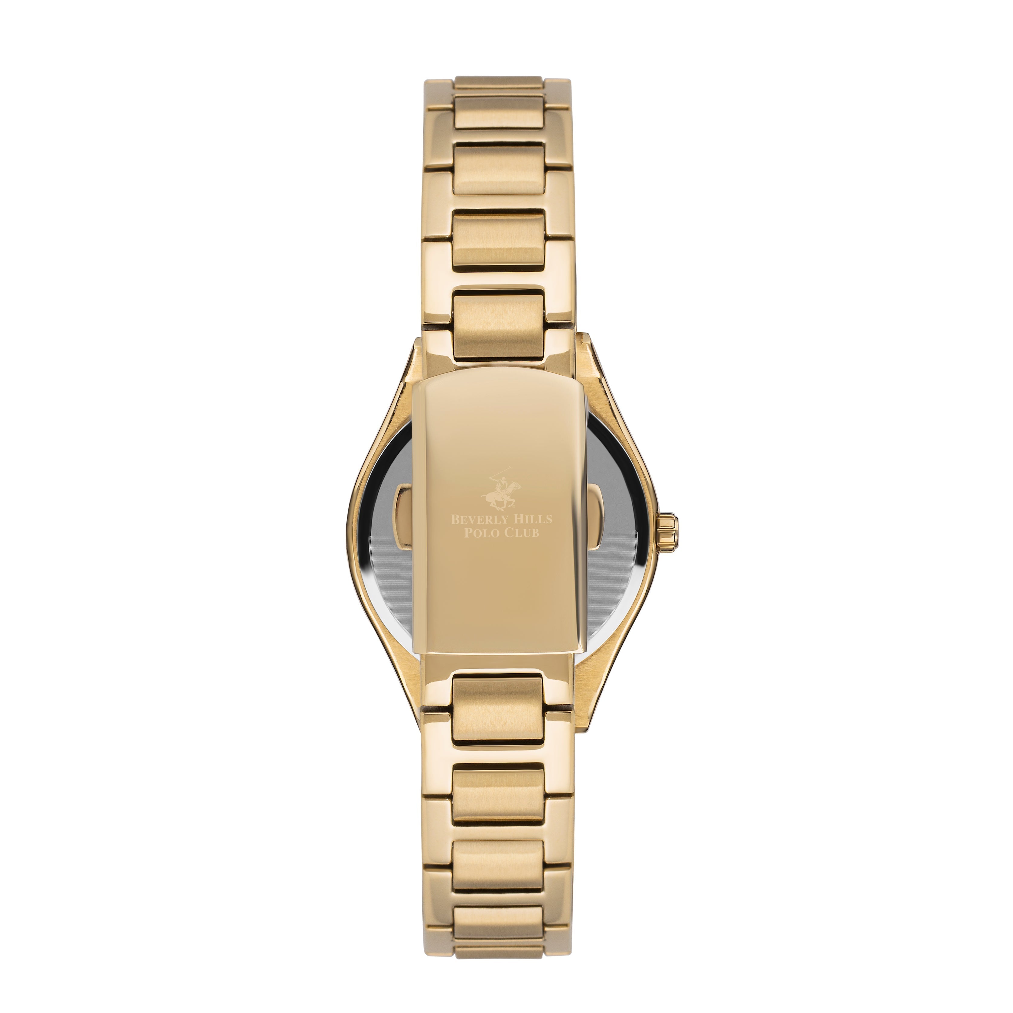 Watch caseback showing gold case with Beverly Hills Polo Club engraving