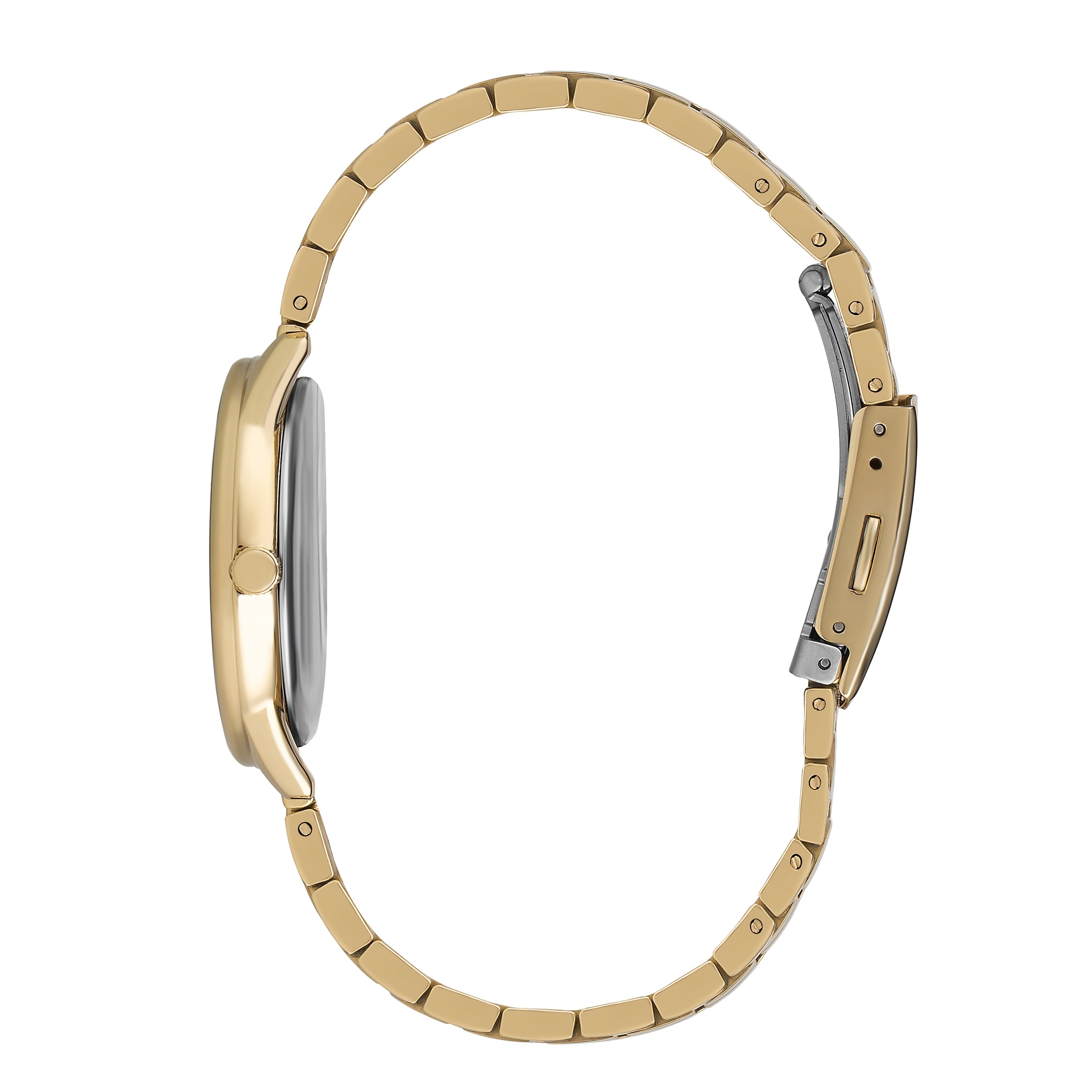All gold watch bracelet and case side profile view
