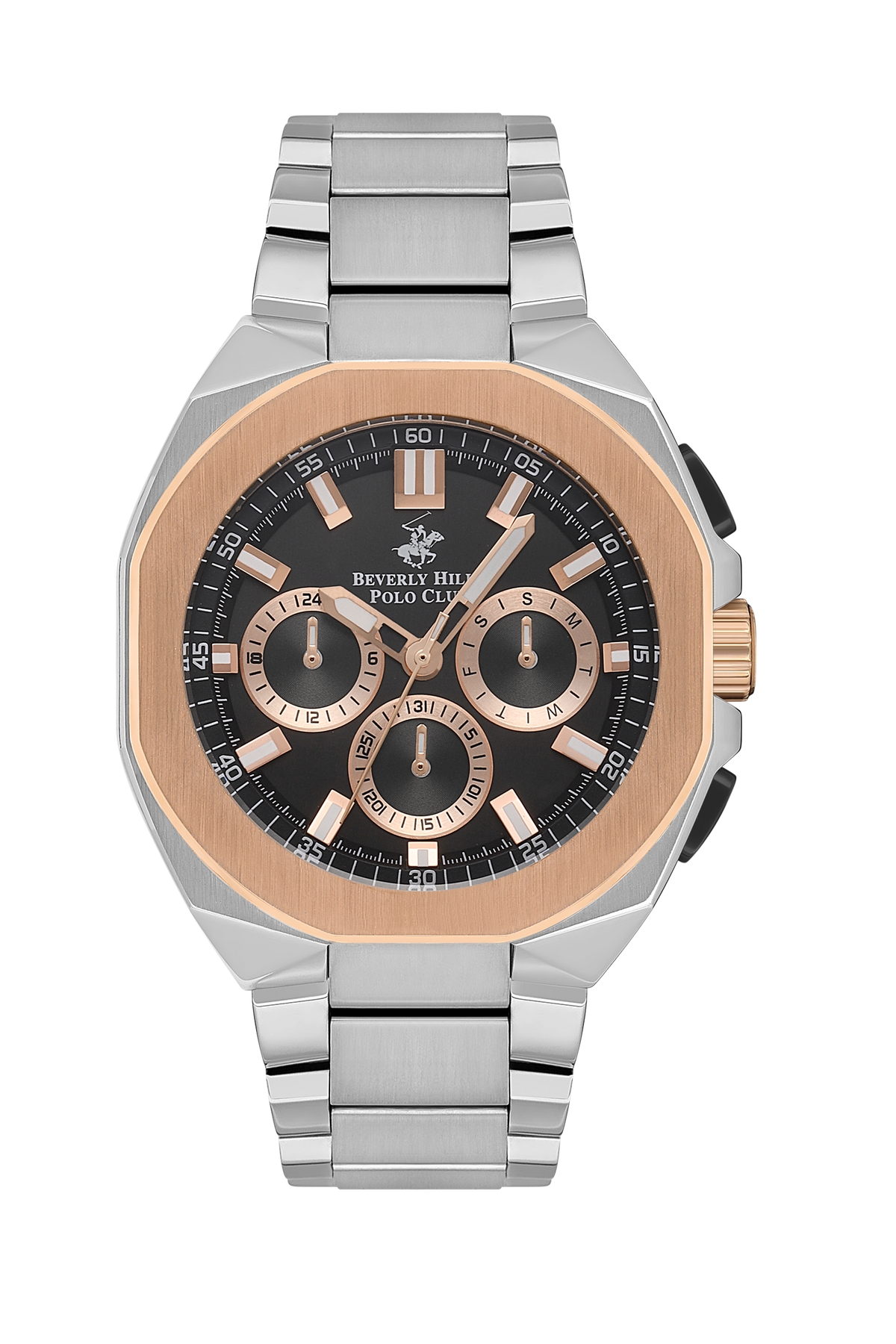 Beverly Hills Polo Club multifunction watch with rose gold and silver case, black dial, chronograph subdials