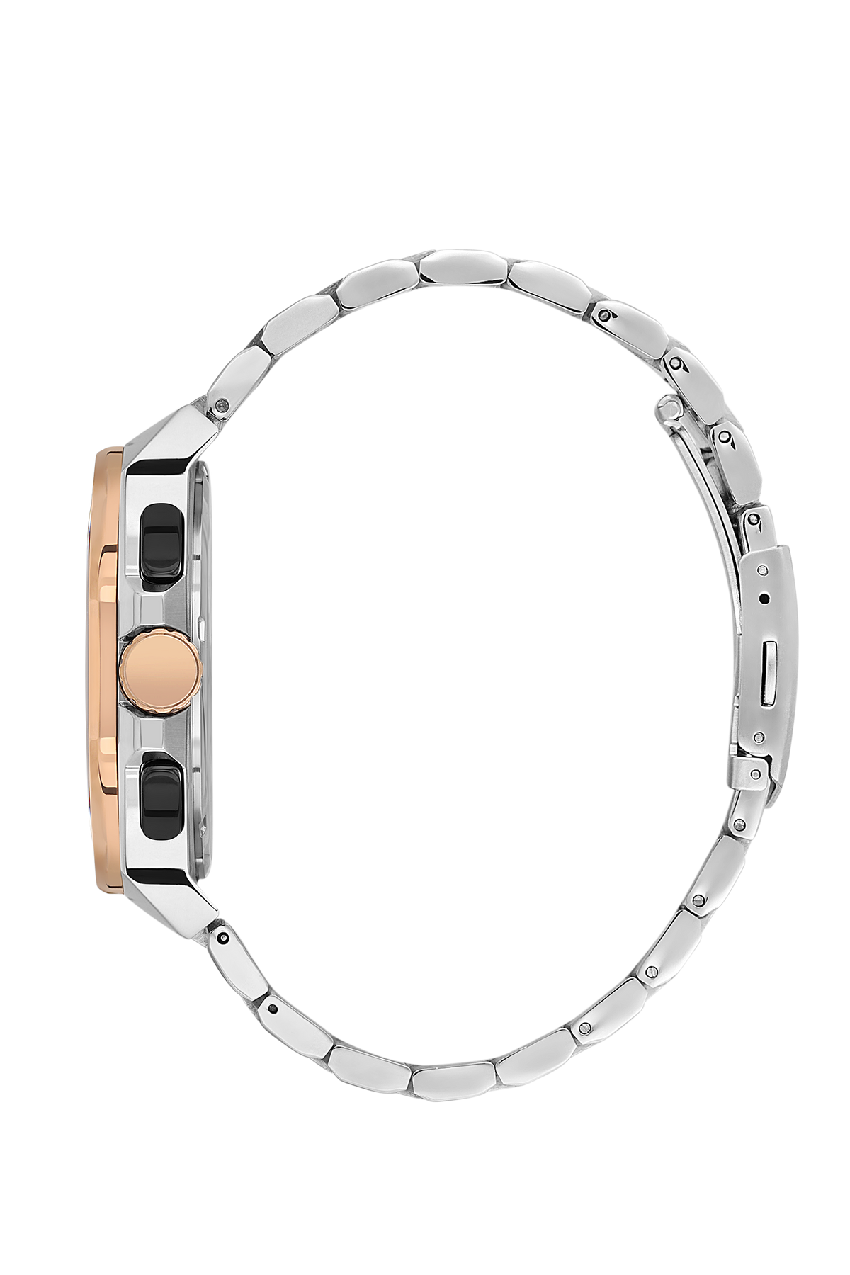 Side profile of Beverly Hills Polo Club watch showing silver stainless steel bracelet and rose gold case