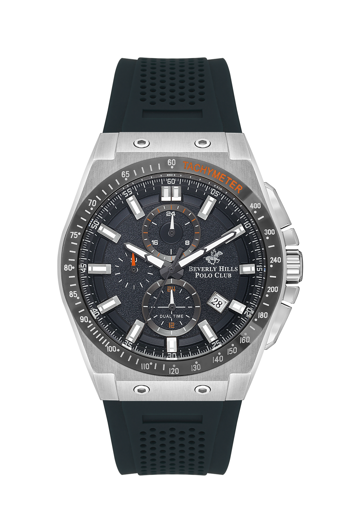 Beverly Hills Polo Club sporty multifunction watch with black dial, steel case and black rubber strap
