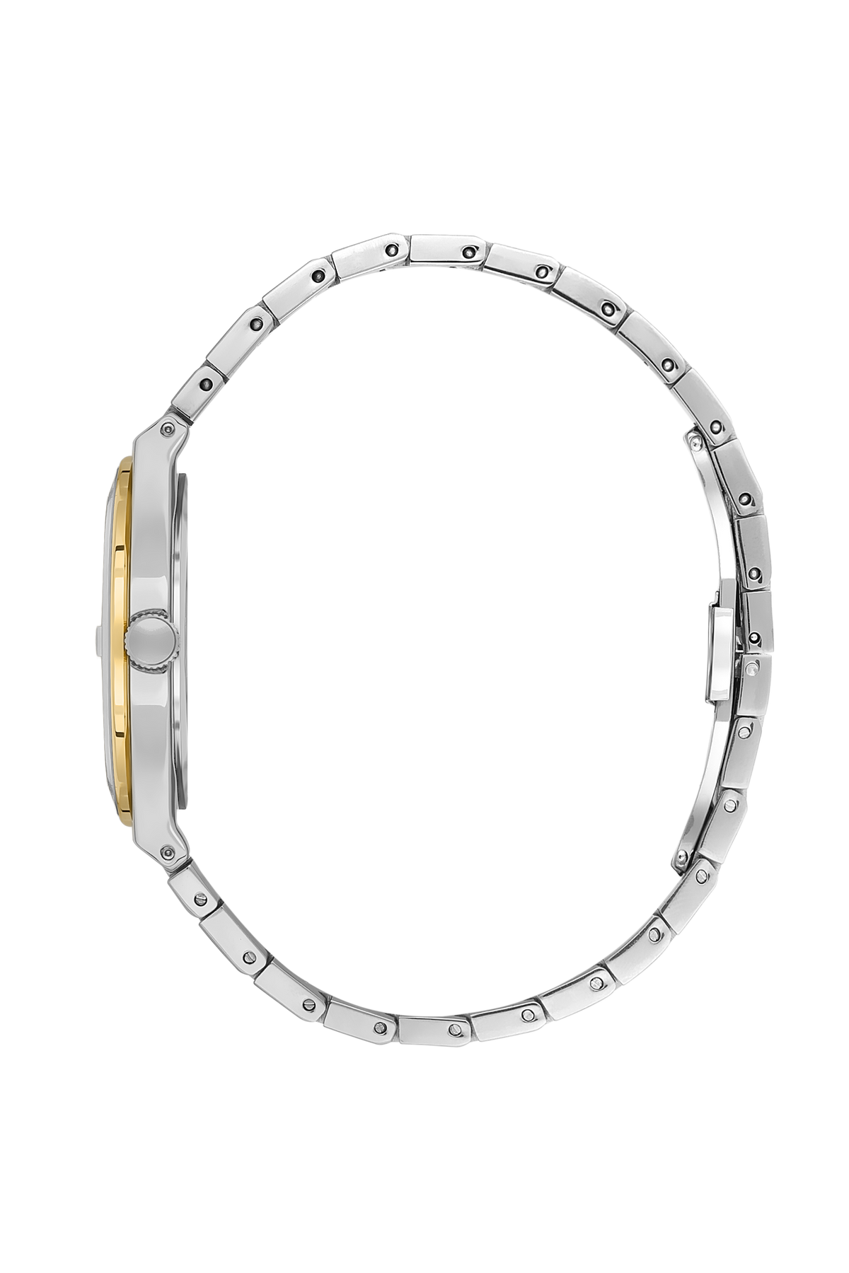 Side view of Beverly Hills Polo Club two-tone watch showing diamond-set bezel and case thickness