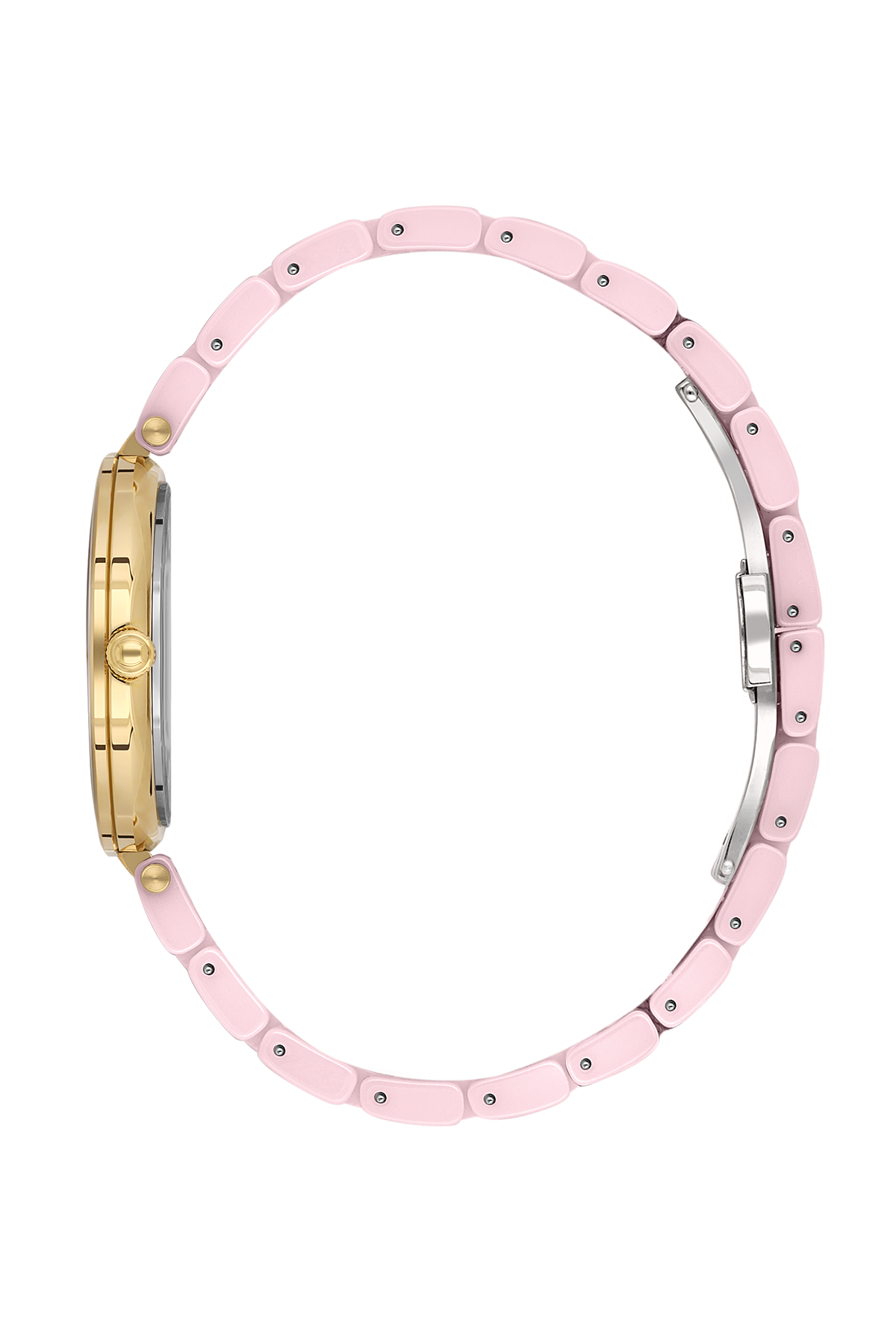 Case back view of pink ceramic watch showing solid back and side profile with gold and pink tones