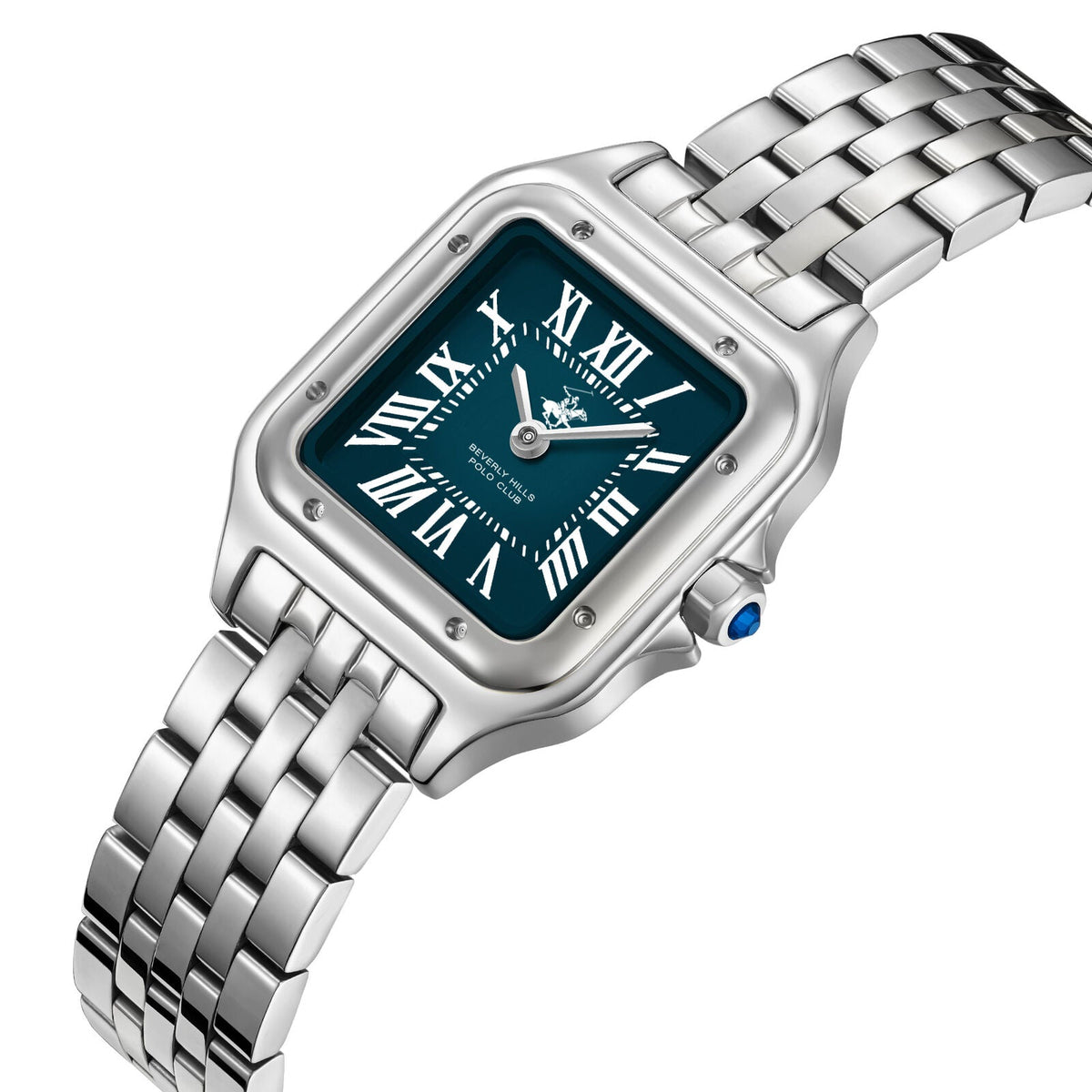 Beverly Hills Polo Club BP3755C.370 watch at angle showing silver bracelet and blue dial