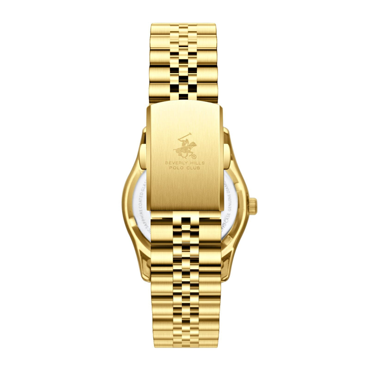 Caseback view of Beverly Hills Polo Club gold watch showing engraved logo and jubilee bracelet