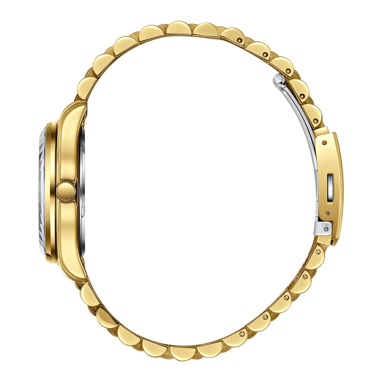 Side view of Beverly Hills Polo Club gold watch showing case profile and scalloped bracelet links
