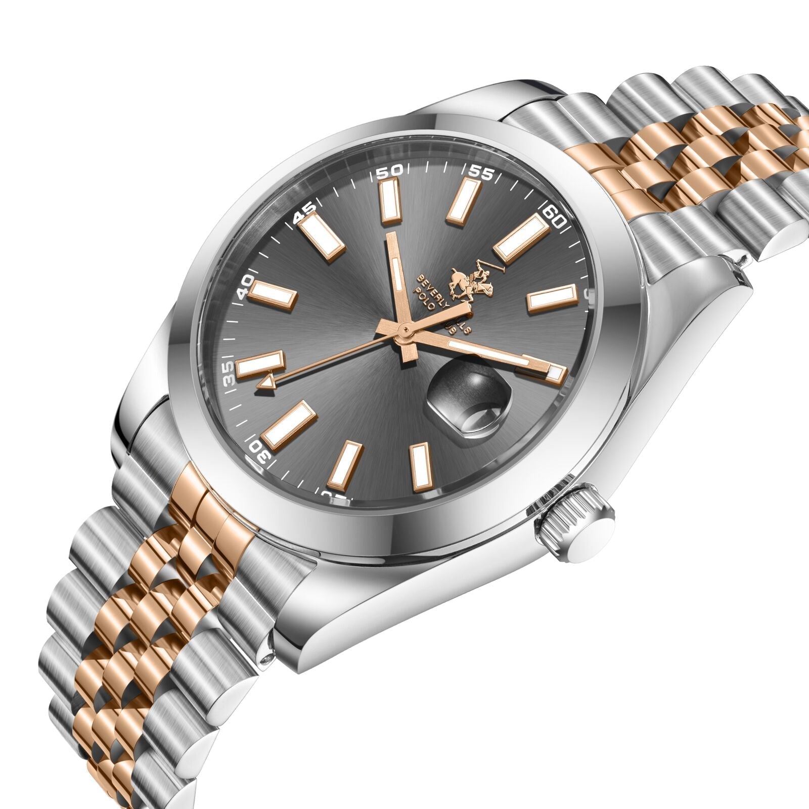 Beverly Hills Polo Club BP3810X.560 angled view showing gunmetal dial, rose gold and silver two-tone bracelet