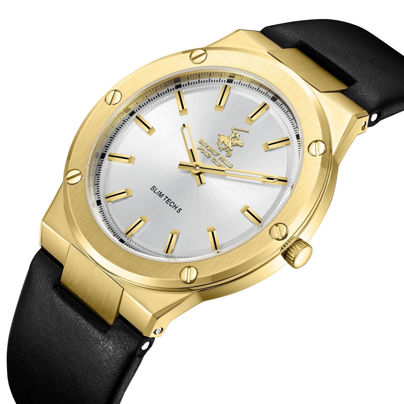 Gold-tone Slim Tech 5 watch at angle showing case profile and black leather strap detail