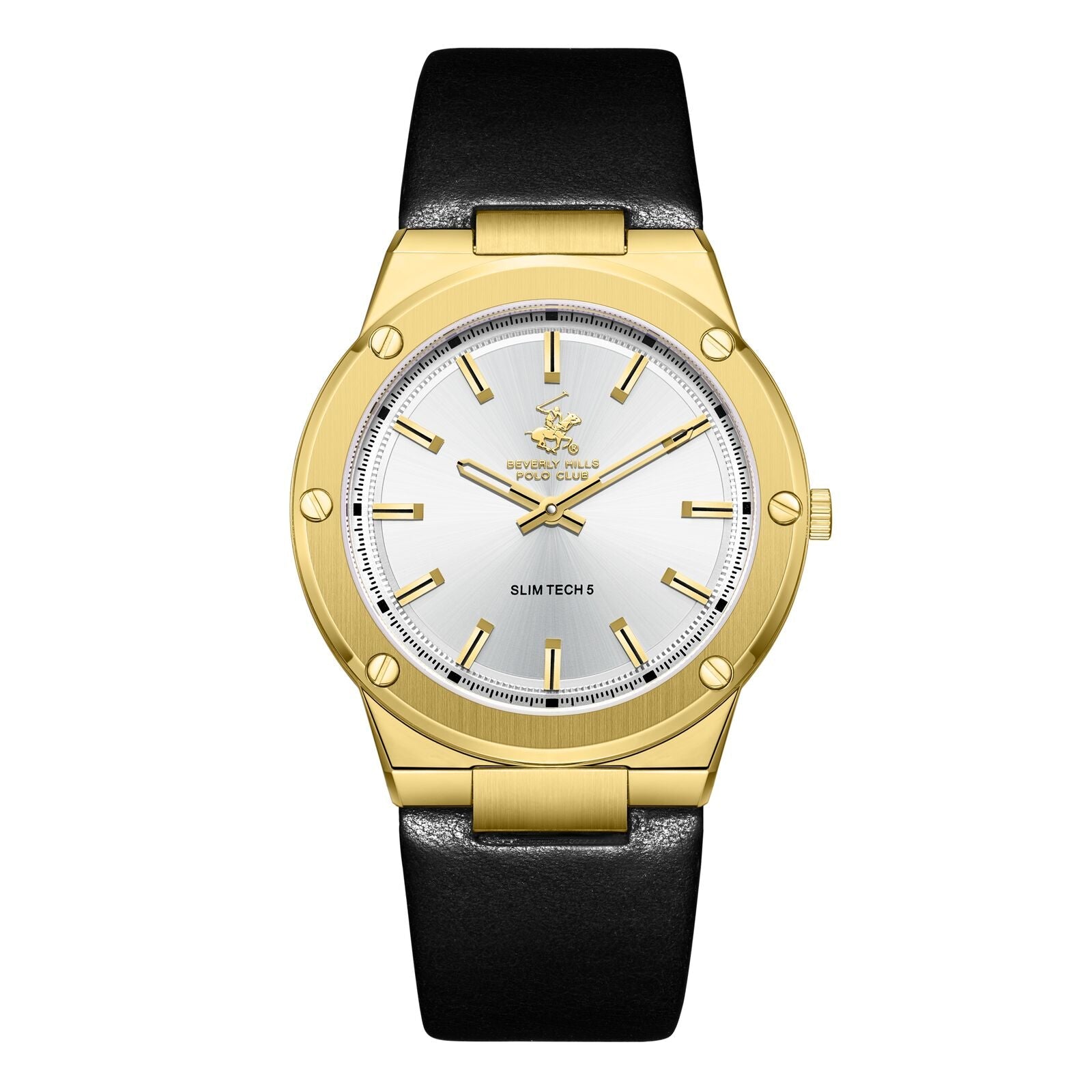 Beverly Hills Polo Club Slim Tech 5 gold watch with white dial and gold indices on black leather strap