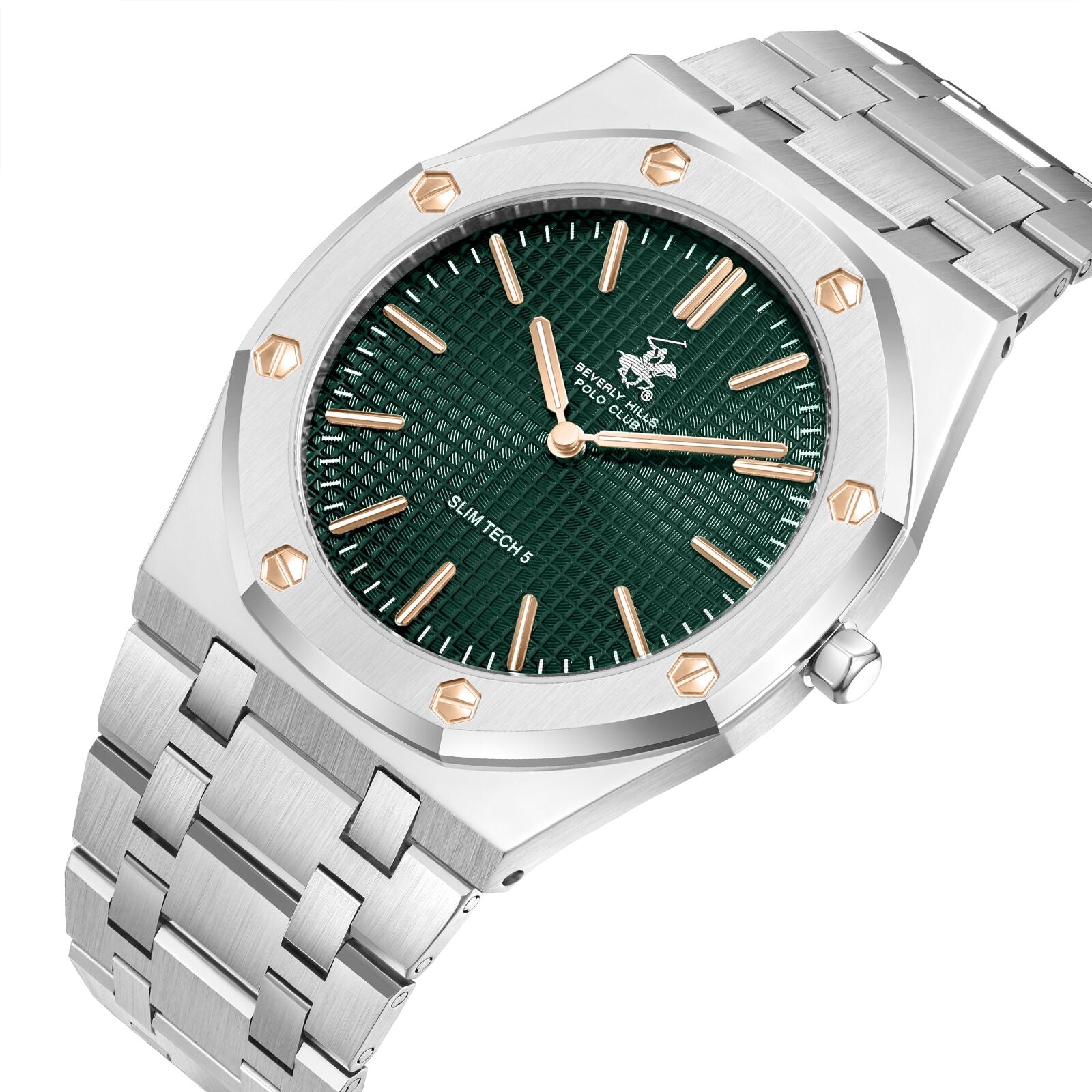 Three-quarter angle view of Slim Tech 5 watch showing green textured dial and silver steel bracelet