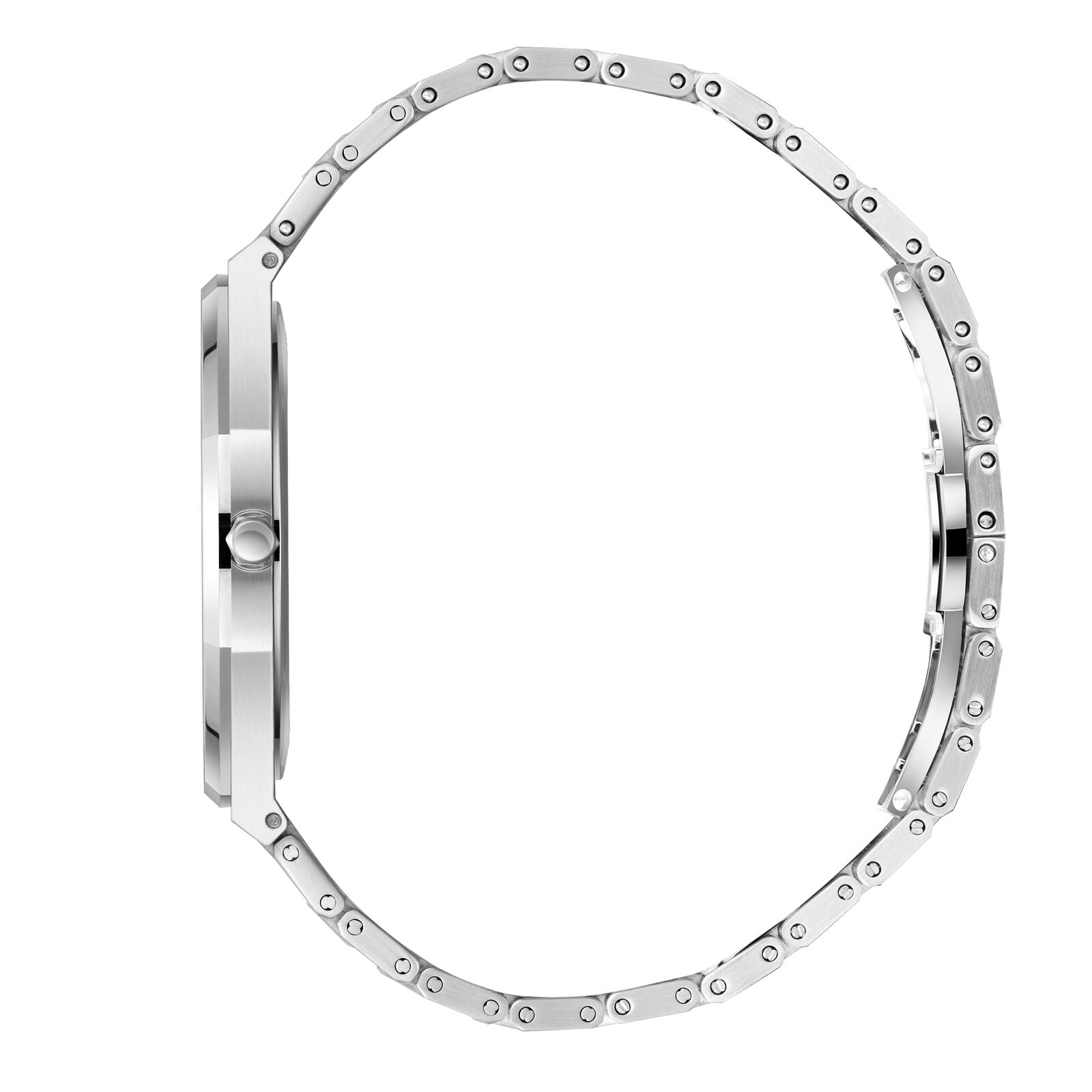 Side profile of Beverly Hills Polo Club watch displaying case thickness and steel bracelet