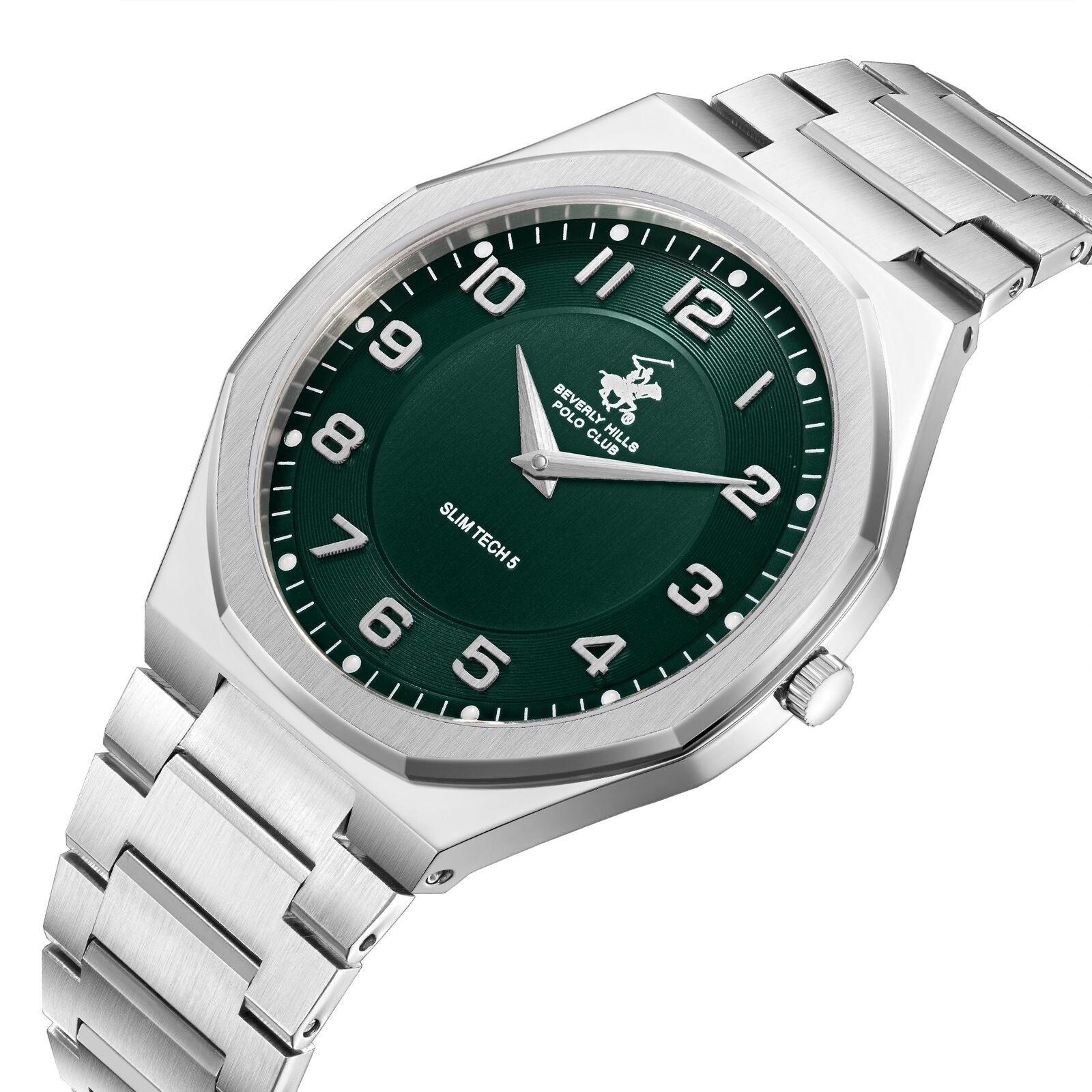 Beverly Hills Polo Club Slim Tech 5 watch at angle showing silver metal bracelet