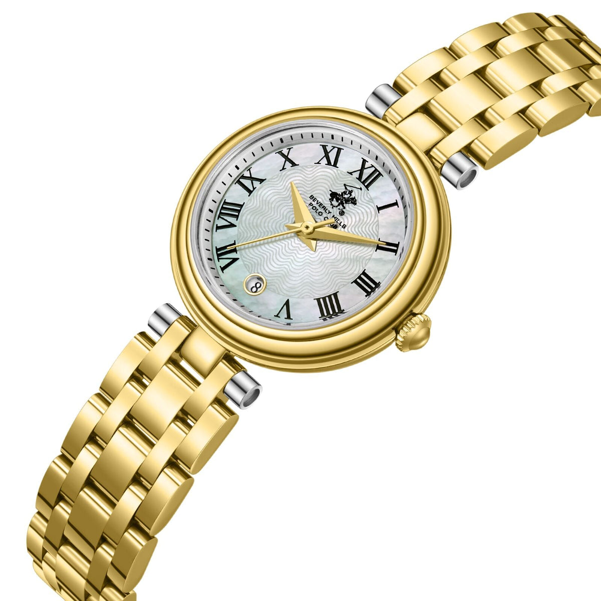 Beverly Hills Polo Club BP3838X.120 gold watch angled view with mother pearl dial and gold strap