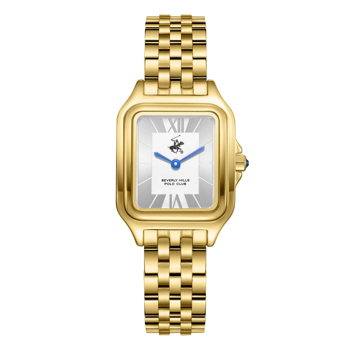 Beverly Hills Polo Club gold square watch with blue hands and white dial