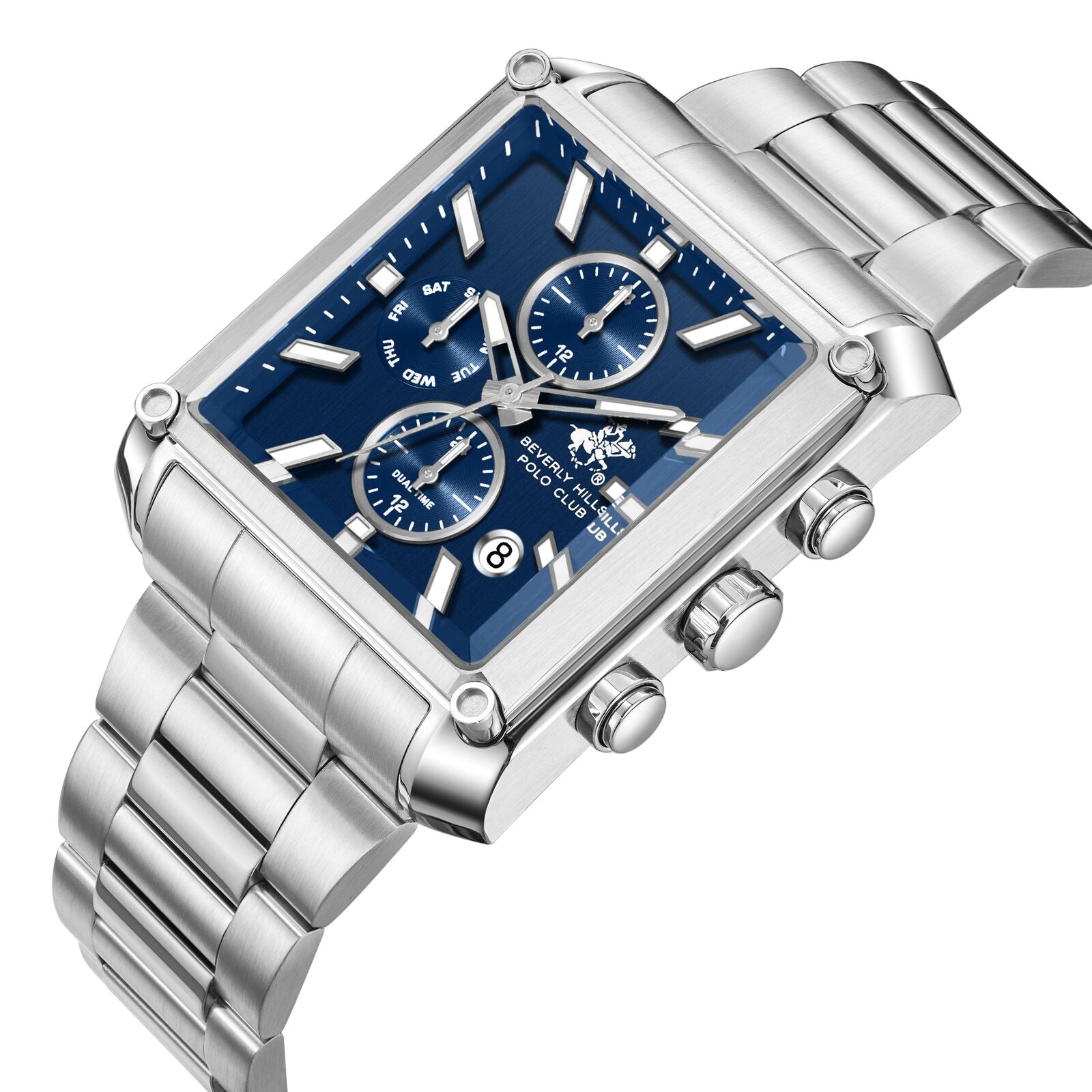 Silver case and bracelet with blue dial showing dual chronograph subdials and pushers