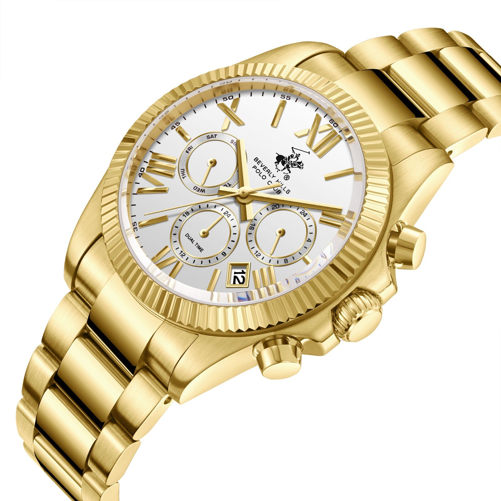 Gold watch at angle showing dial with Roman numerals, chronograph subdials, and bracelet