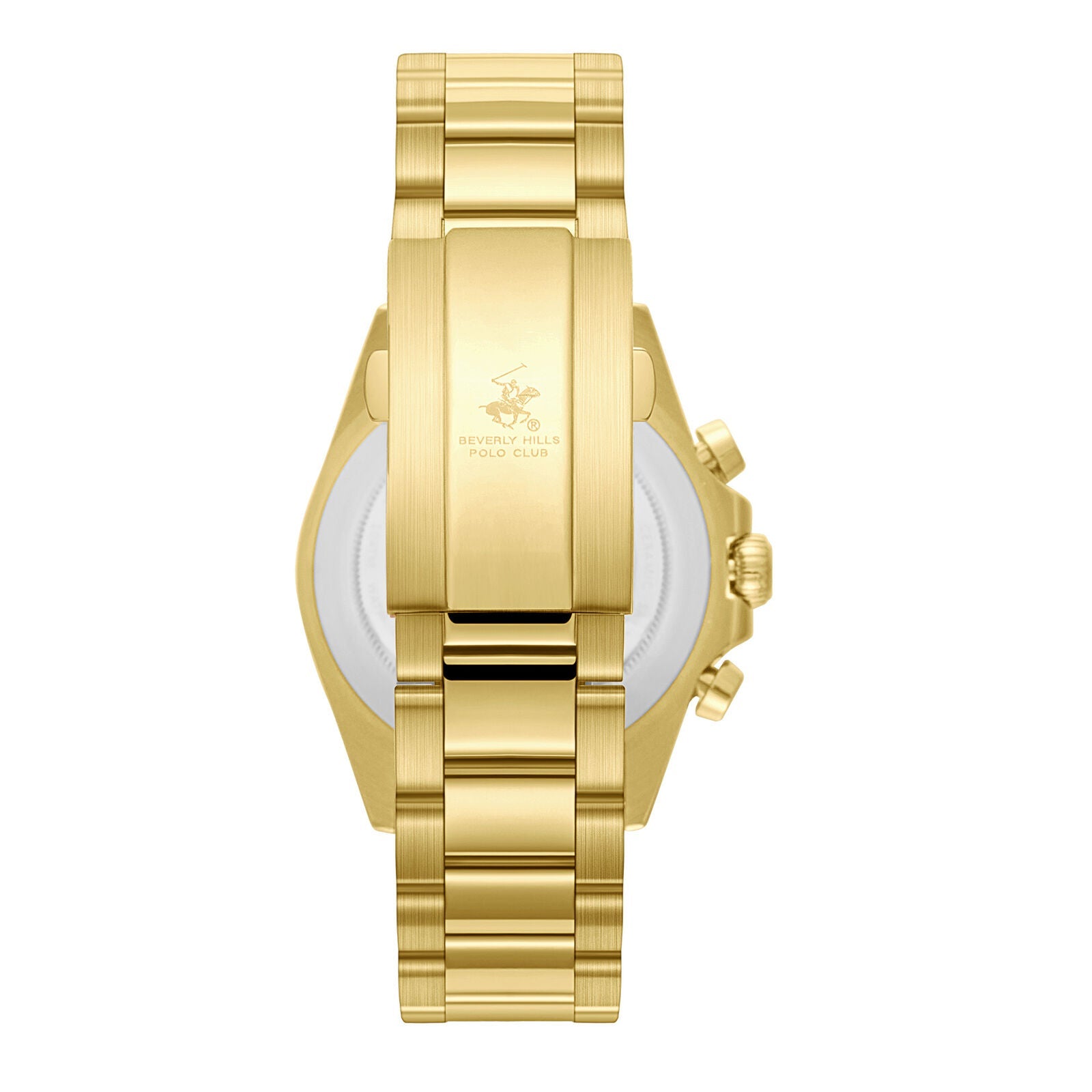 Gold watch caseback showing Beverly Hills Polo Club engraving and transparent display