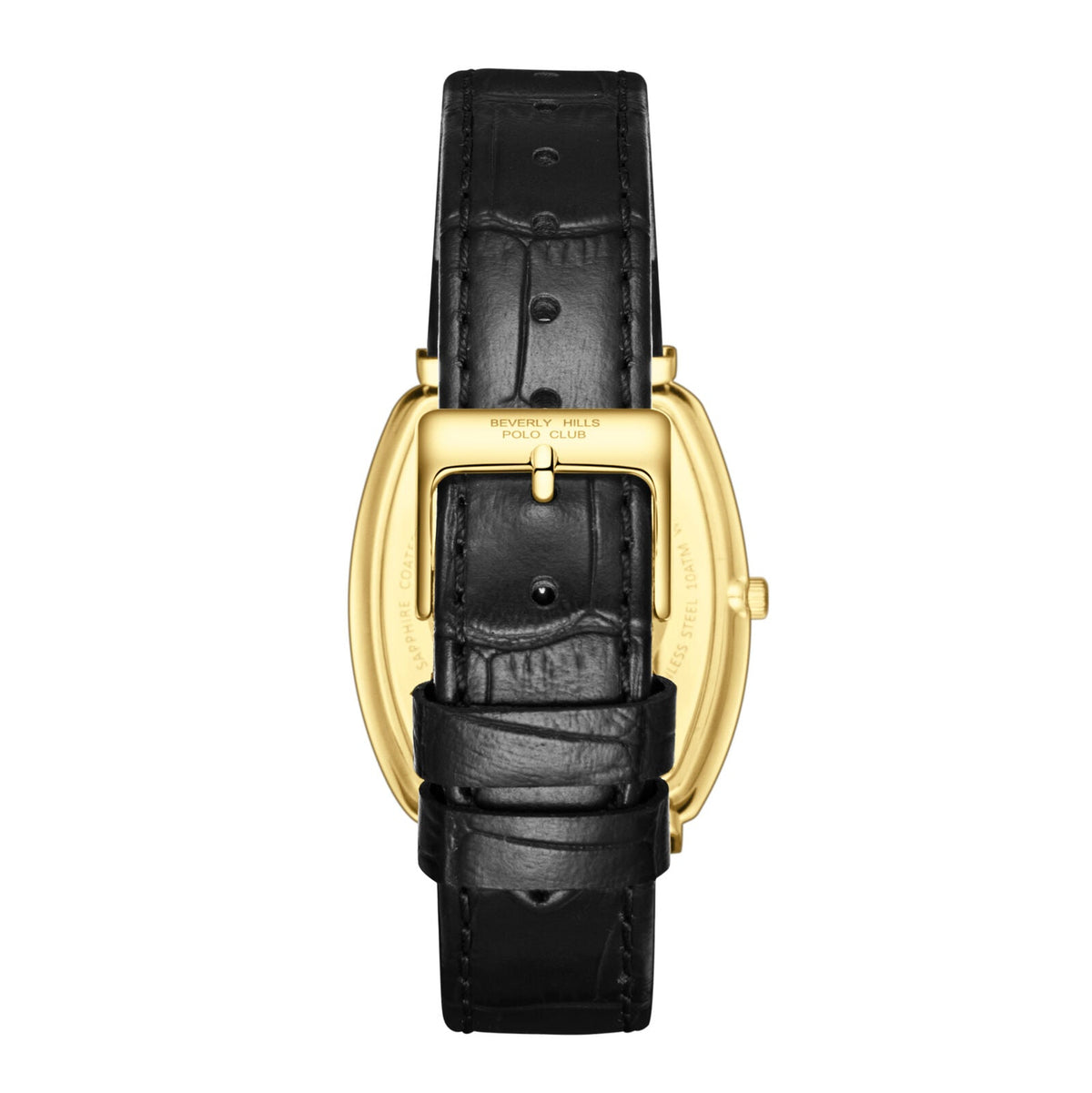 Beverly Hills Polo Club Slim Tech 5 watch caseback showing gold tonneau case with black crocodile-textured leather