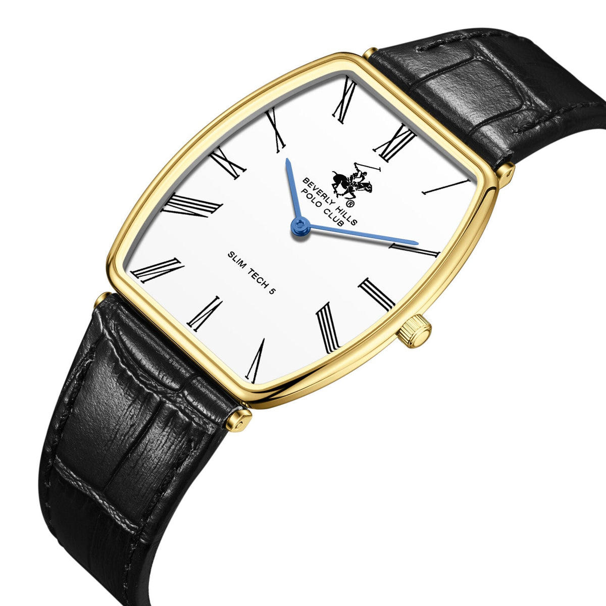 Beverly Hills Polo Club Slim Tech 5 watch on wrist showing white dial with Roman numerals and gold case