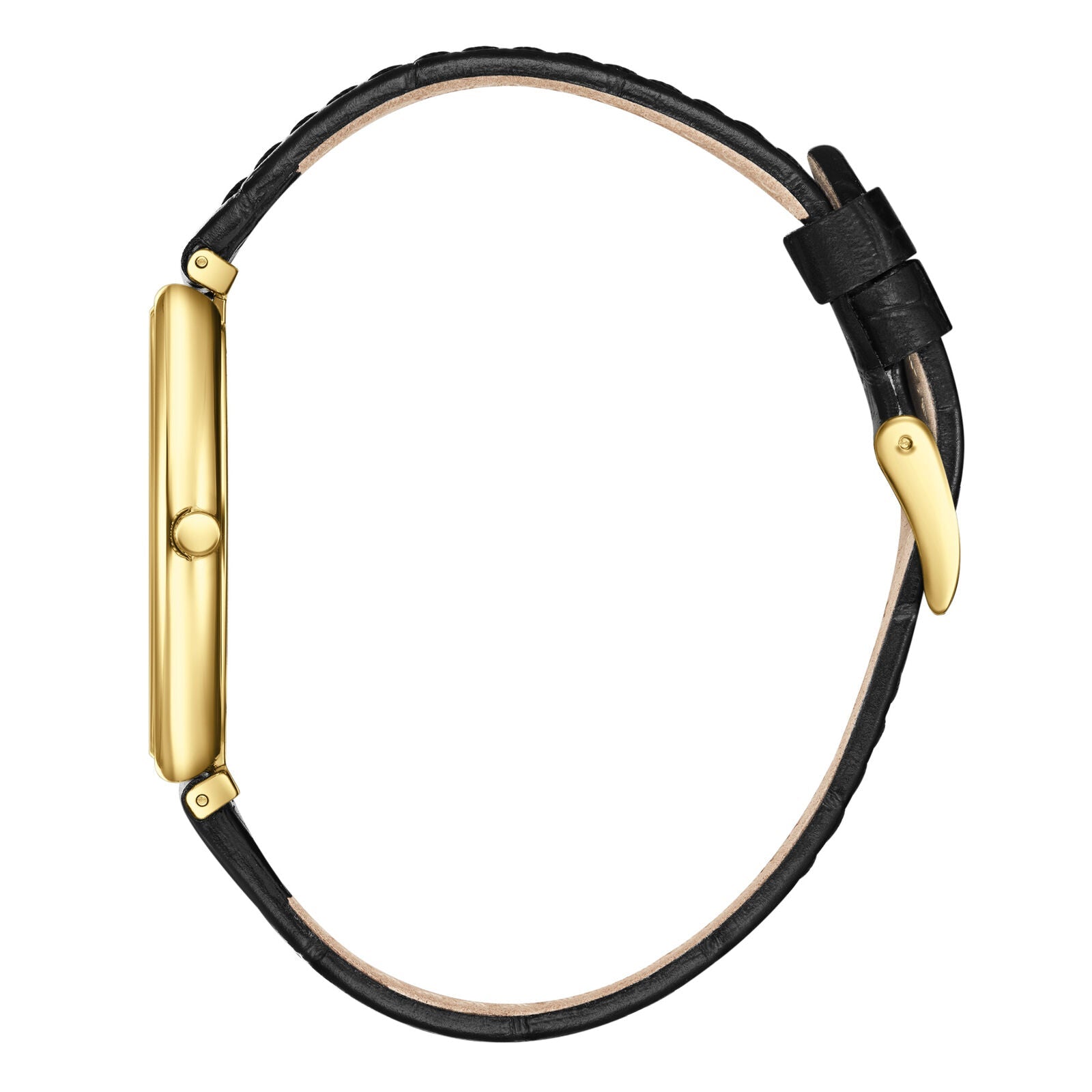 Beverly Hills Polo Club Slim Tech 5 watch side view displaying gold tonneau case and black leather strap