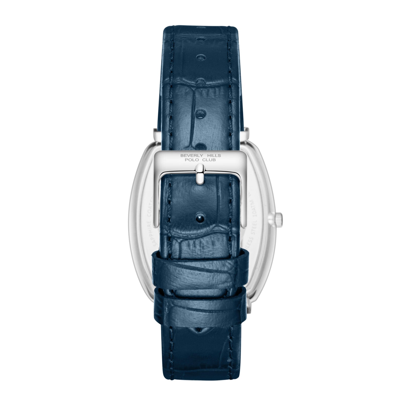 Back view of Slim Tech 5 watch case with blue leather strap and silver buckle