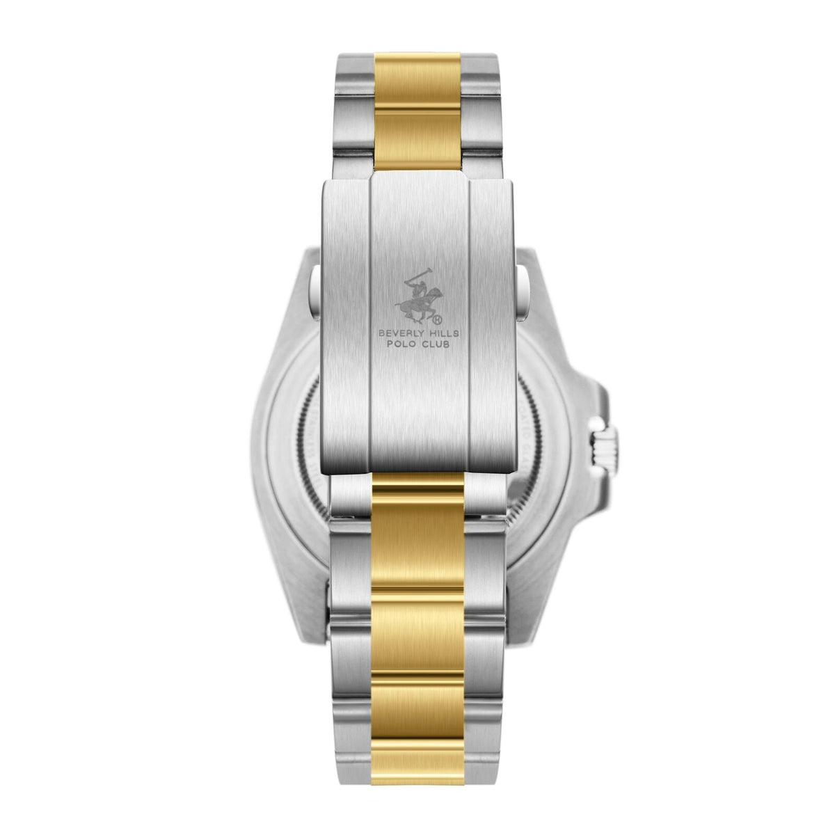Caseback of Beverly Hills Polo Club two-tone watch with engraved branding