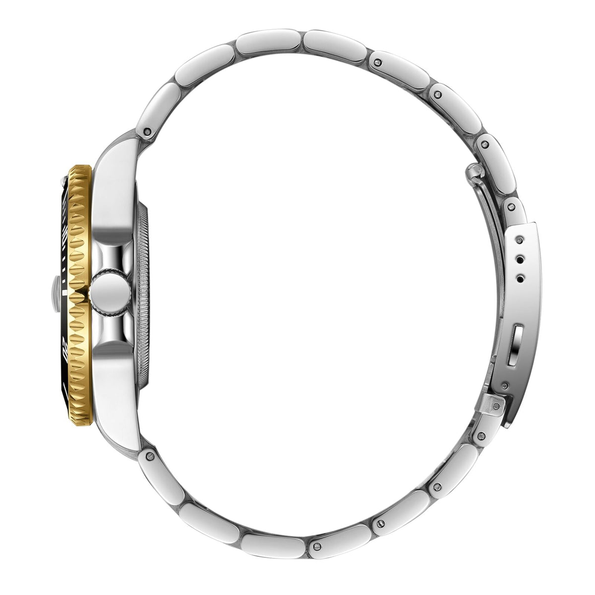 Side view of Beverly Hills Polo Club two-tone watch showing case profile and bracelet