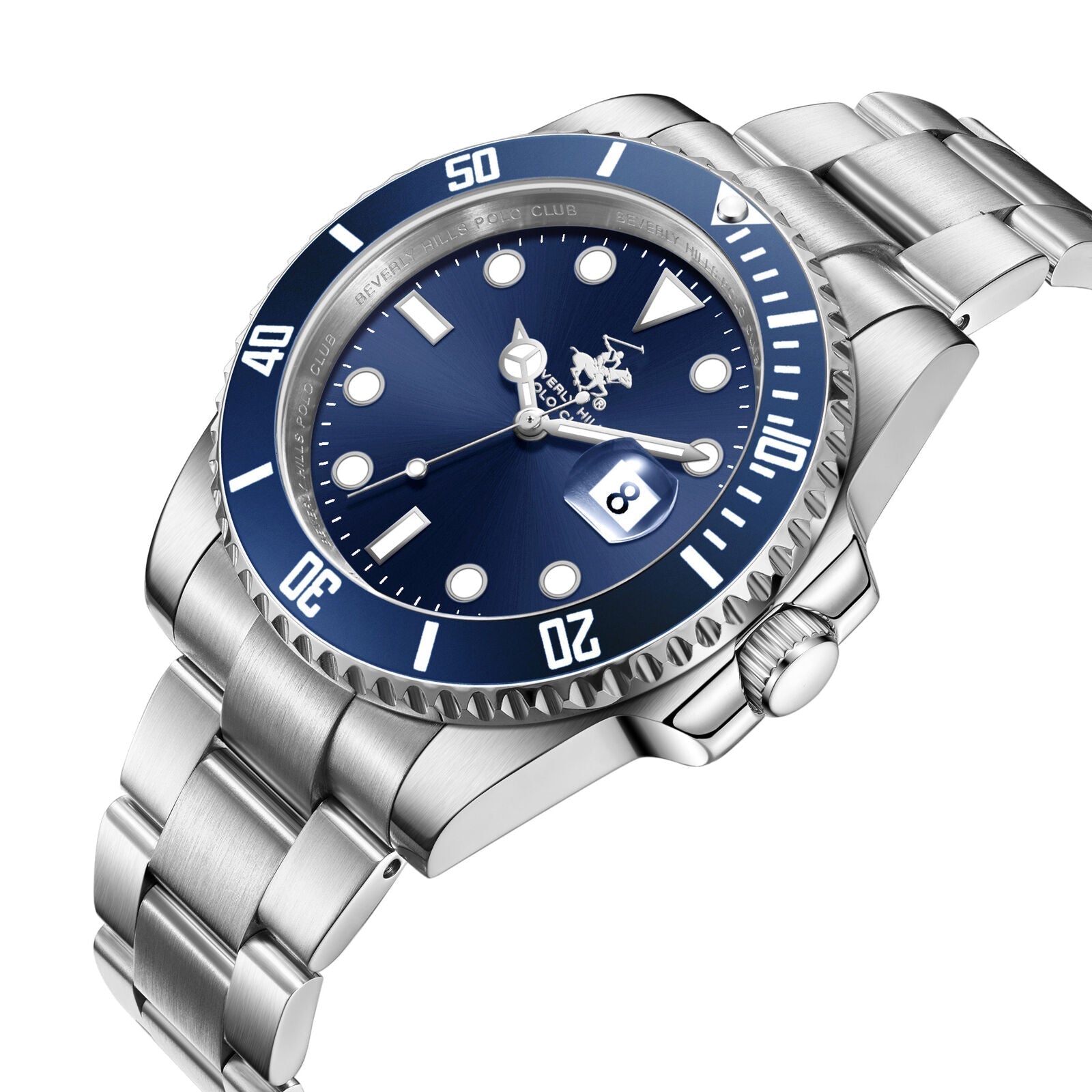 Beverly Hills Polo Club BP3791X waterproof watch at angle showing blue bezel, dial, and silver metal bracelet