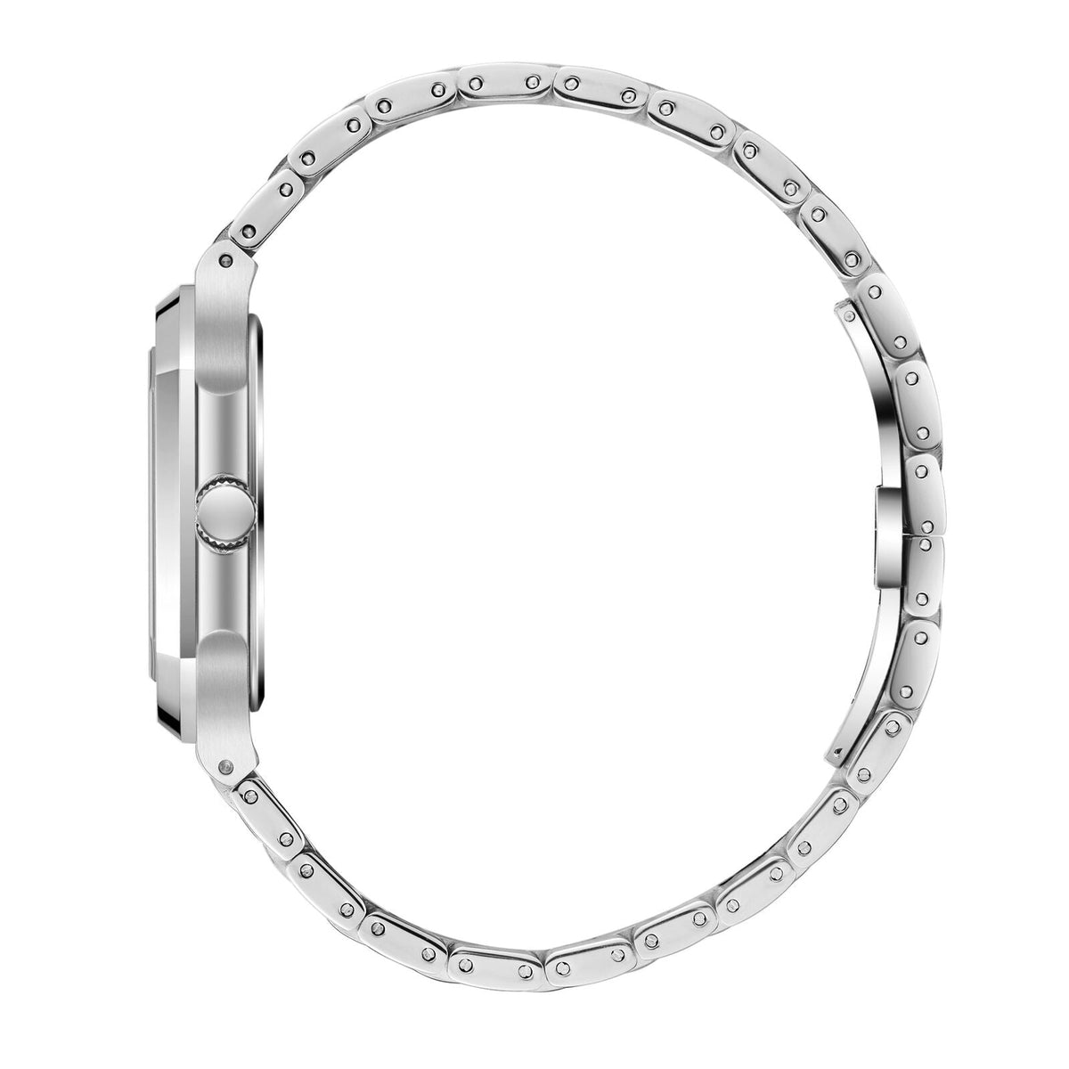 Side view of BHPC BP3845X watch showing silver steel bracelet, crown, and case profile