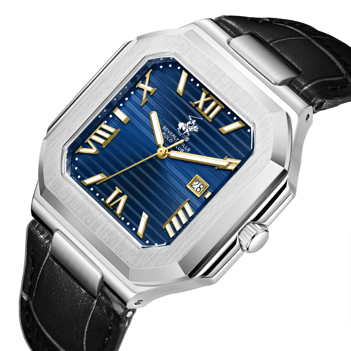 Beverly Hills Polo Club watch angle view showing blue dial, gold Roman numerals, and black leather strap