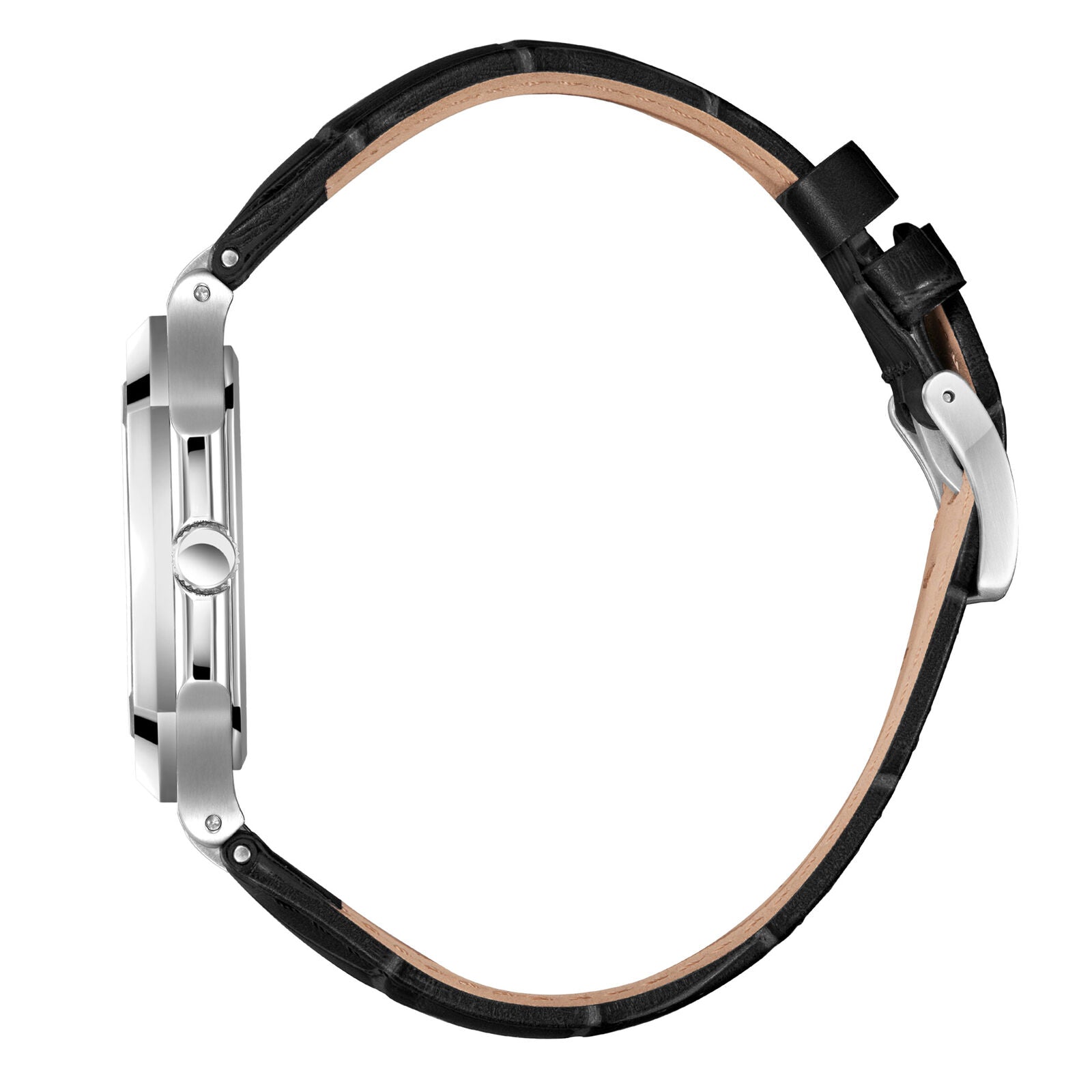 Beverly Hills Polo Club watch side view displaying silver case, crown, and black croc-embossed leather strap