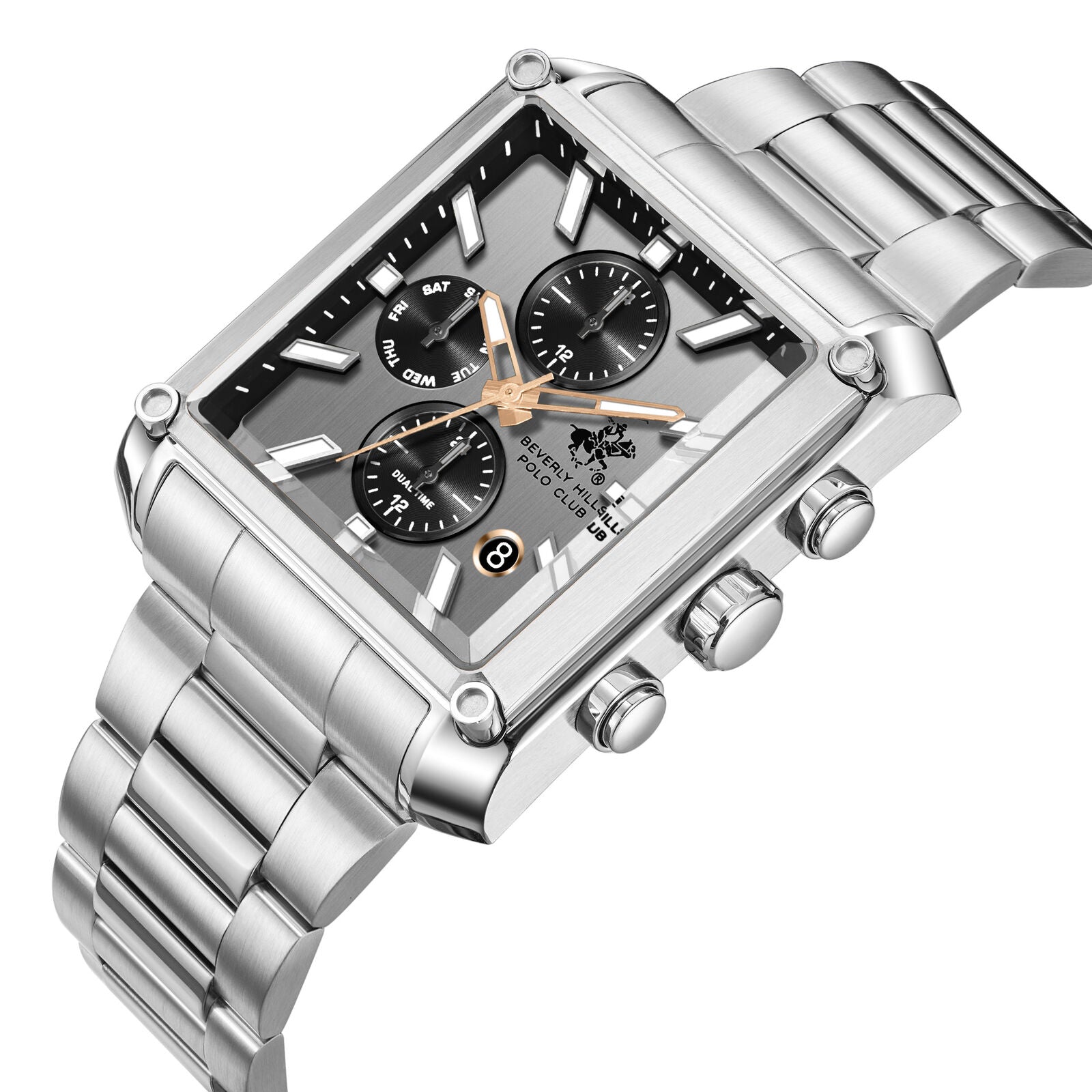 Beverly Hills Polo Club BP3868X.330 watch angled view showing chronograph subdials and silver steel bracelet