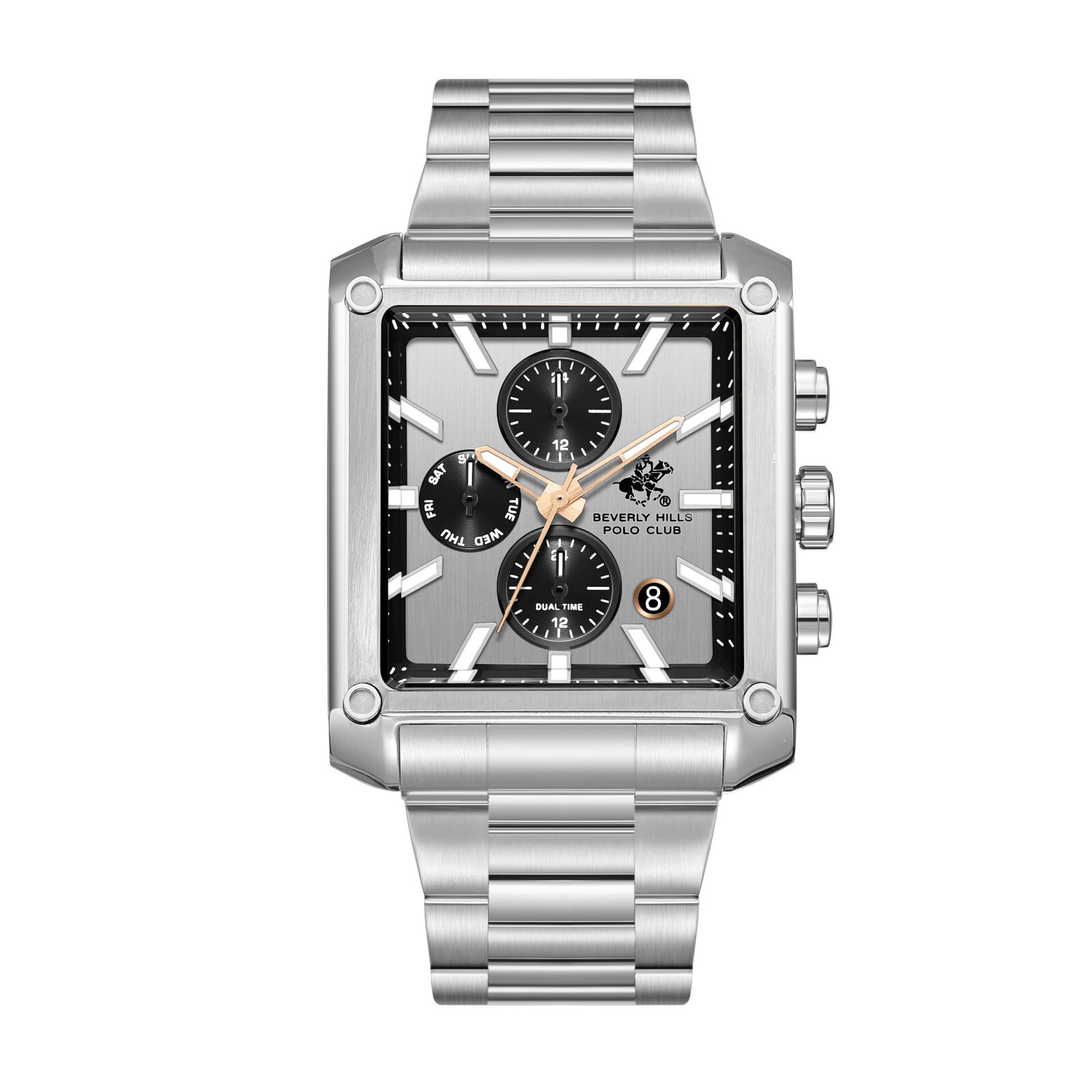 Beverly Hills Polo Club BP3868X.330 silver dual time multifunction watch with rectangular case and steel bracelet