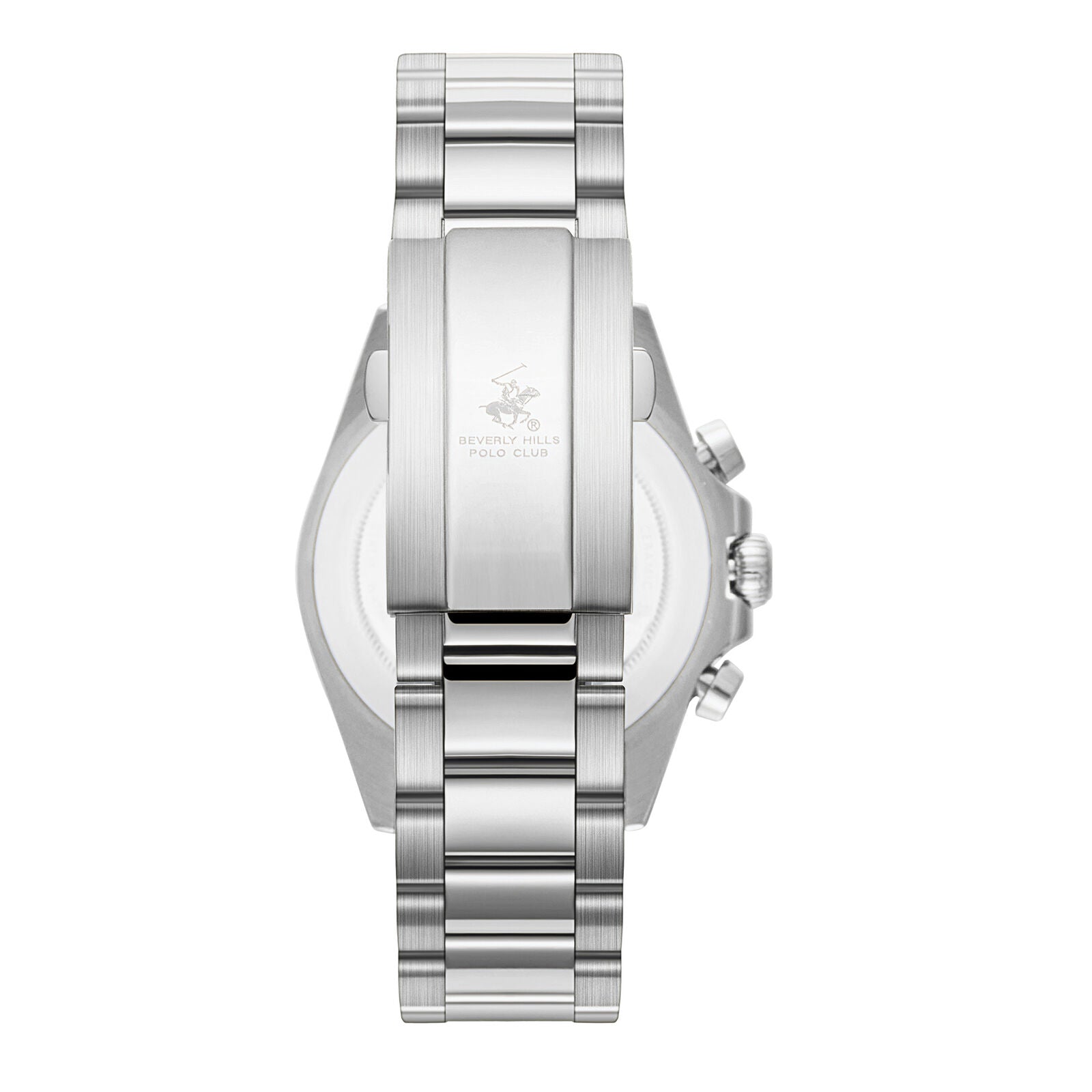 Beverly Hills Polo Club BP3874X.390 caseback displaying beverly hills polo club logo on brushed silver stainless steel