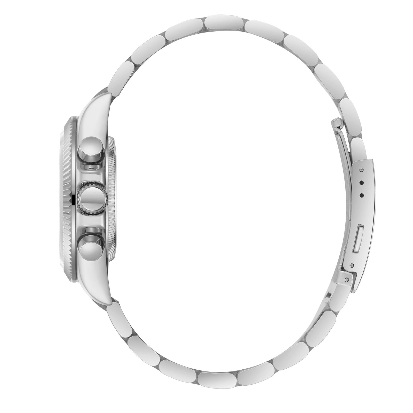 Beverly Hills Polo Club BP3874X.390 side profile showing silver stainless steel case and link bracelet