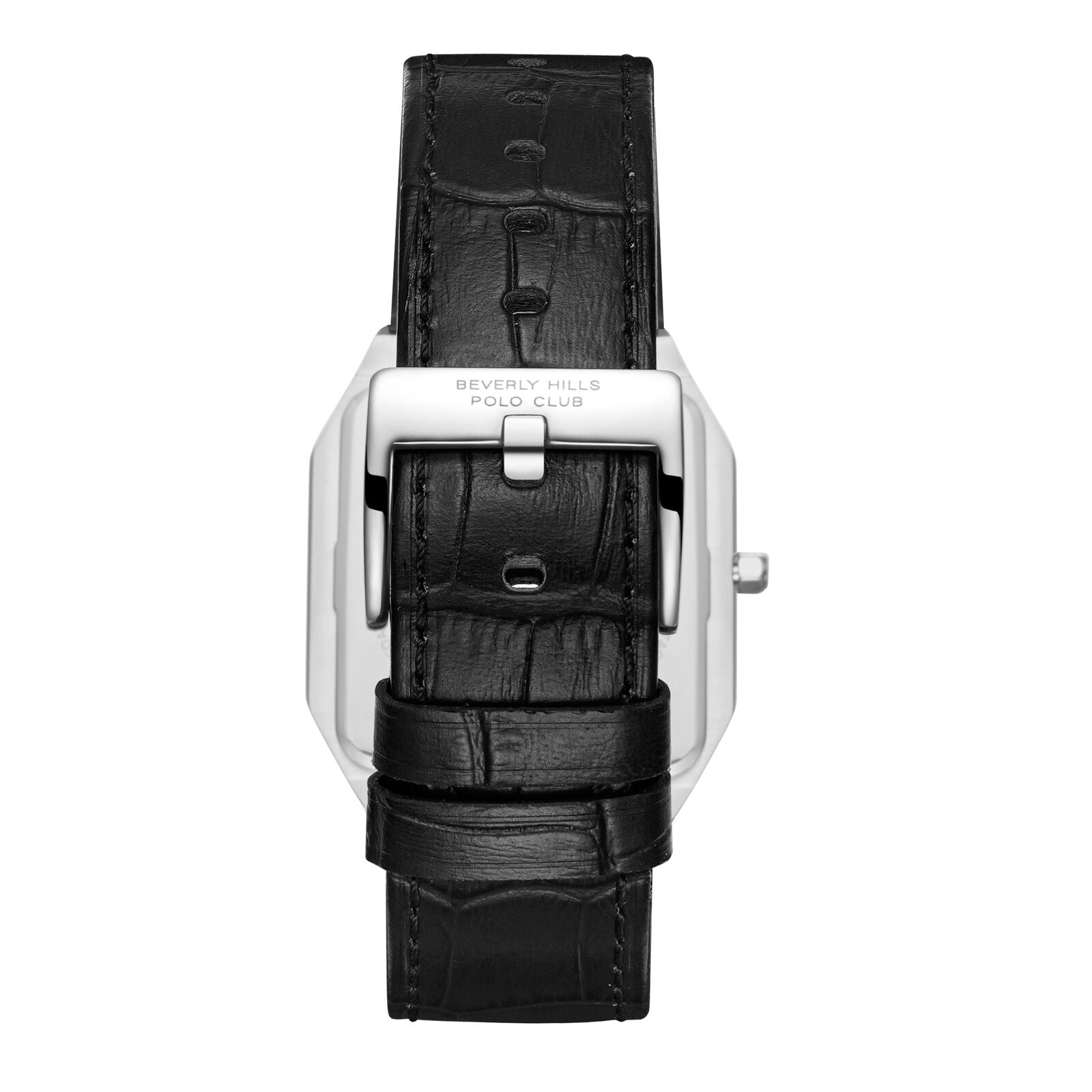 Back view of Slim Tech 5 watch showing stainless steel caseback with black crocodile-embossed leather strap