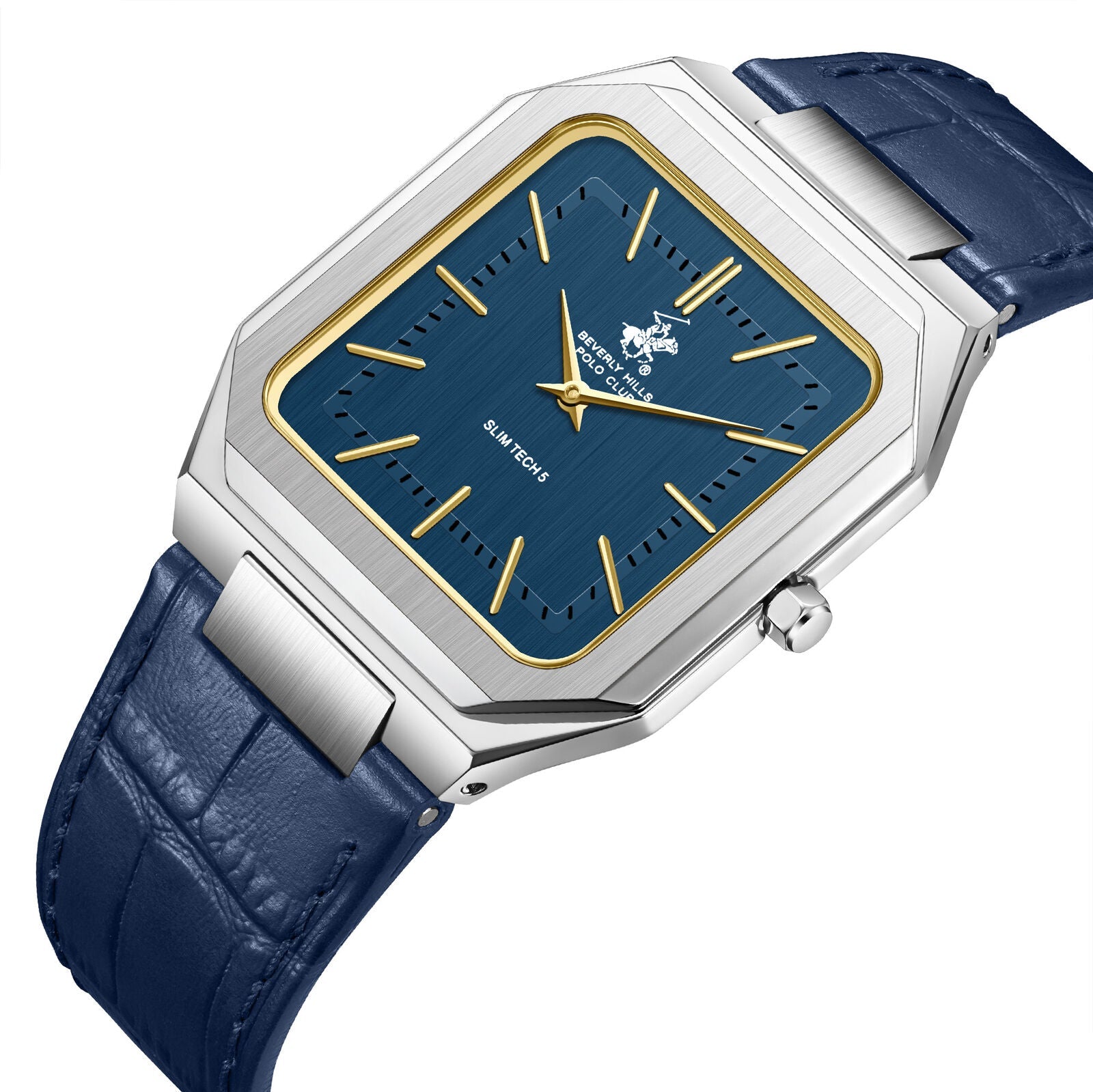 Angled view of Slim Tech 5 square watch with blue dial and silver case on navy leather strap