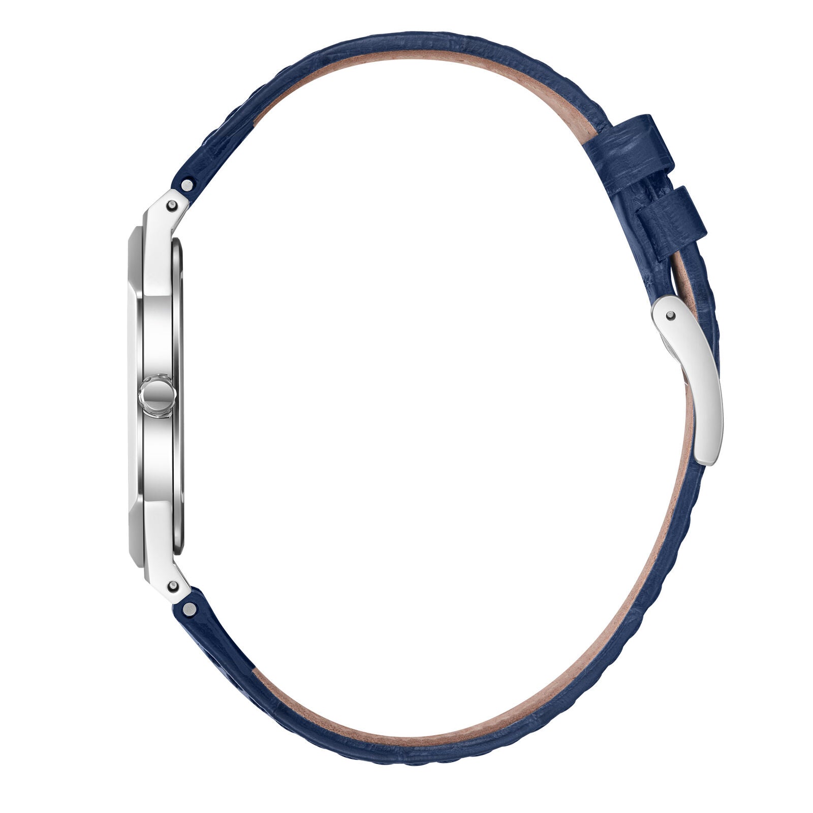 Side view of Slim Tech 5 watch showing silver case and navy leather strap with buckle