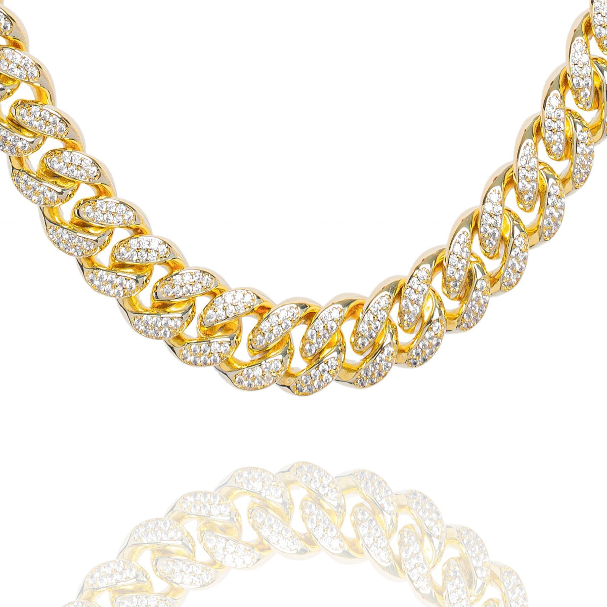 10MM iced out Cuban link gold chain with cubic zirconia stones, displayed flat